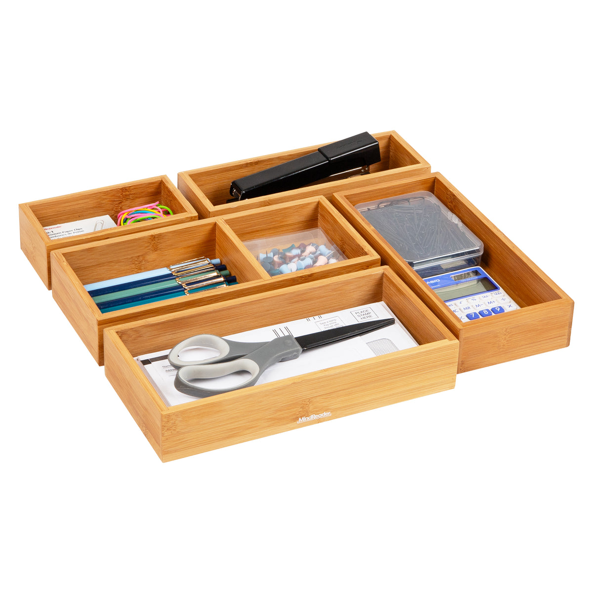 Mind Reader 5-Piece Bamboo Drawer Organizer Set, Stackable Storage Trays for Kitchen, Bathroom, Office, Makeup & Jewelry, Rayon from Bamboo, Brown