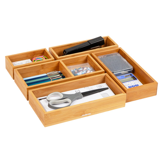 Mind Reader 5-Piece Bamboo Drawer Organizer Set, Stackable Storage Trays for Kitchen, Bathroom, Office, Makeup & Jewelry, Rayon from Bamboo, Brown