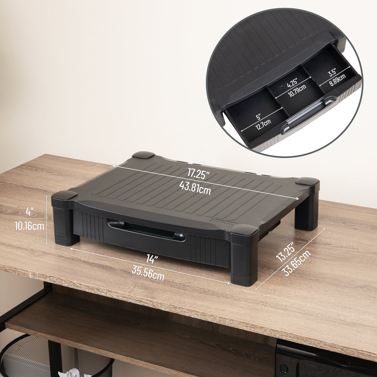 Mind Reader Monitor Stand, Storage Drawer, Desktop Organizer, Laptop Riser, Office, 17.25"L x 13.25"W x 4"H, Black
