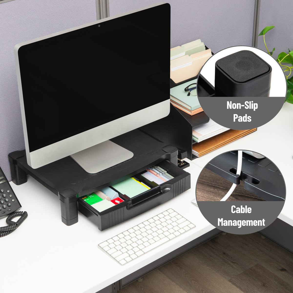 Mind Reader Monitor Stand, Storage Drawer, Desktop Organizer, Laptop Riser, Office, 17.25"L x 13.25"W x 4"H, Black