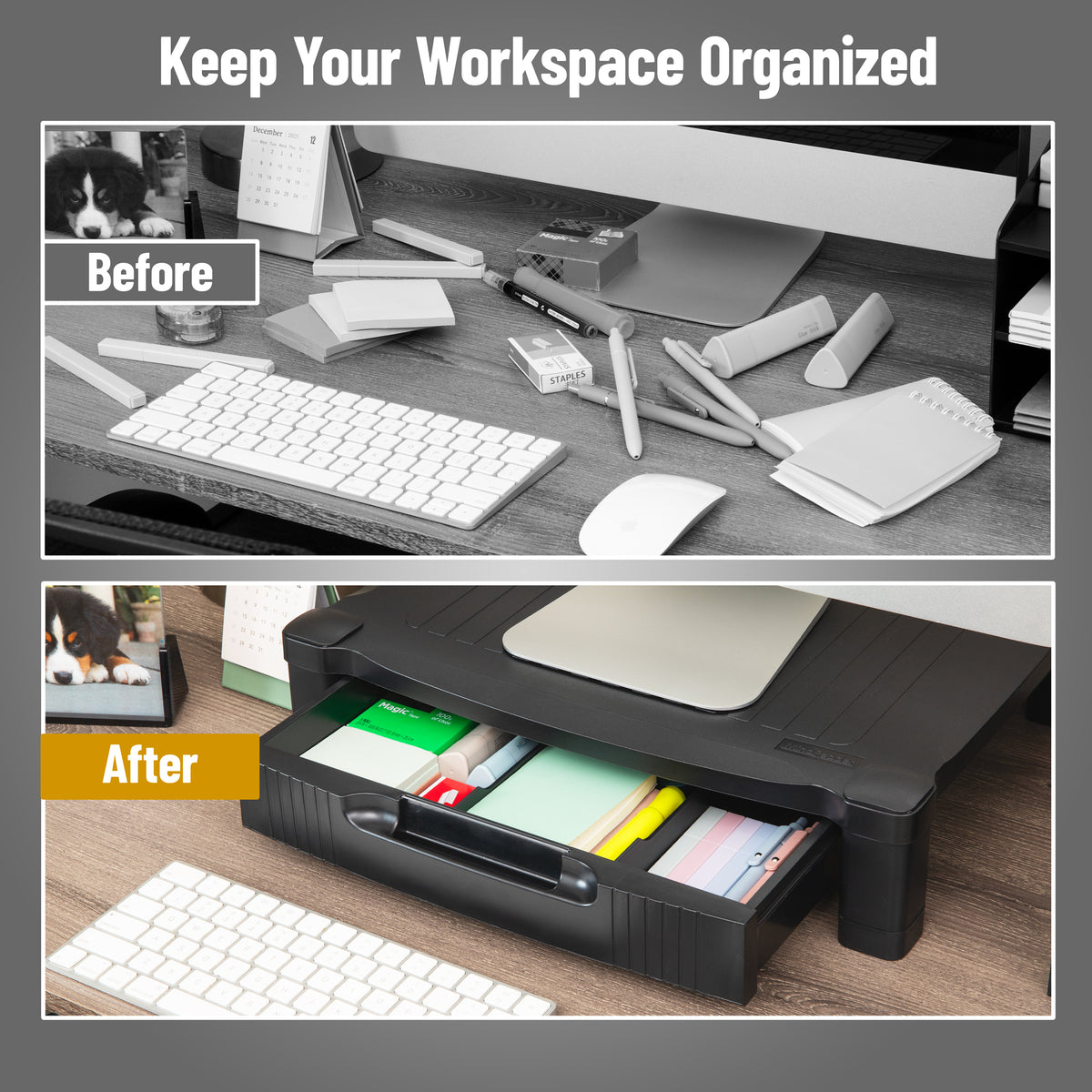 Mind Reader Monitor Stand, Storage Drawer, Desktop Organizer, Laptop Riser, Office, 17.25"L x 13.25"W x 4"H, Black