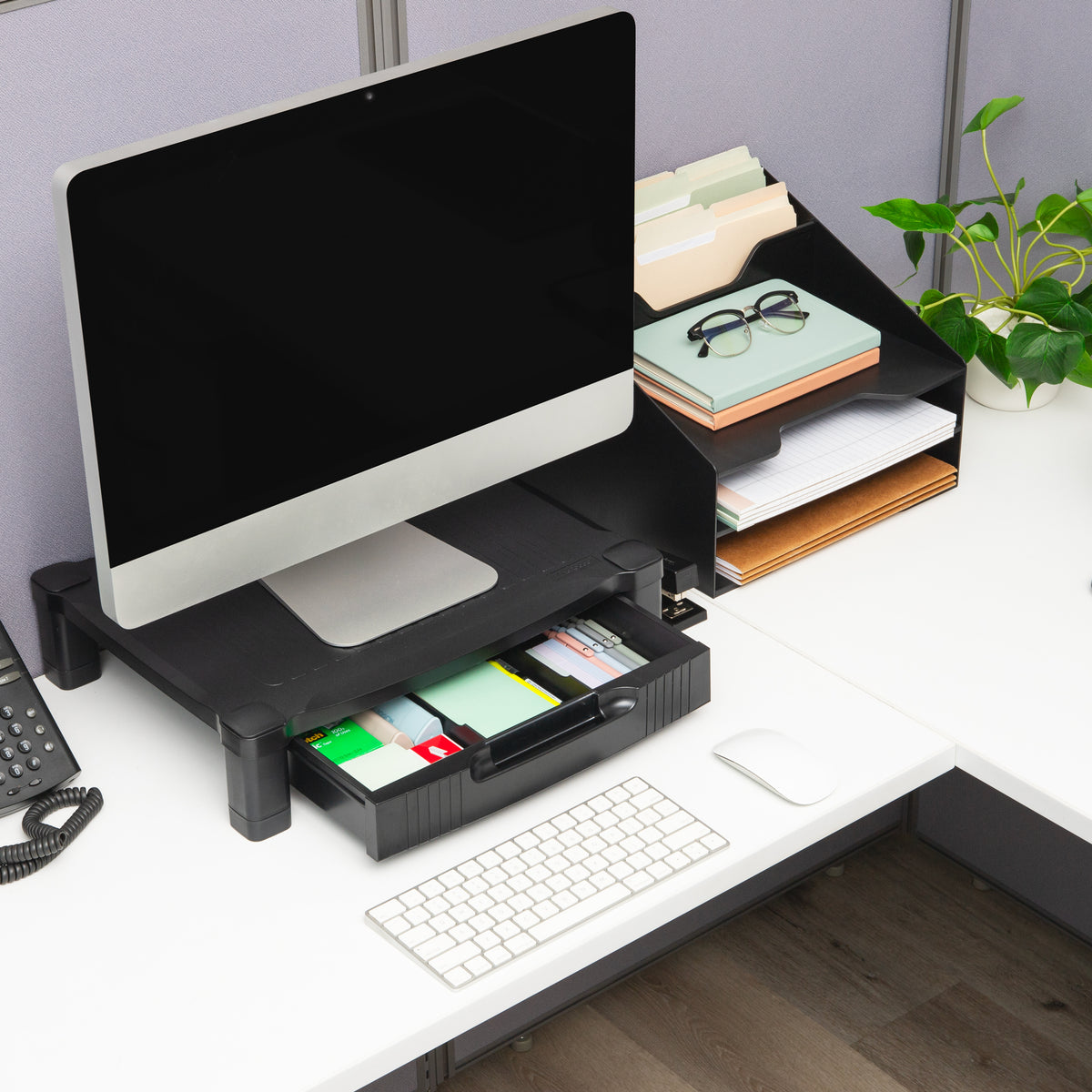 Mind Reader Monitor Stand, Storage Drawer, Desktop Organizer, Laptop Riser, Office, 17.25"L x 13.25"W x 4"H, Black