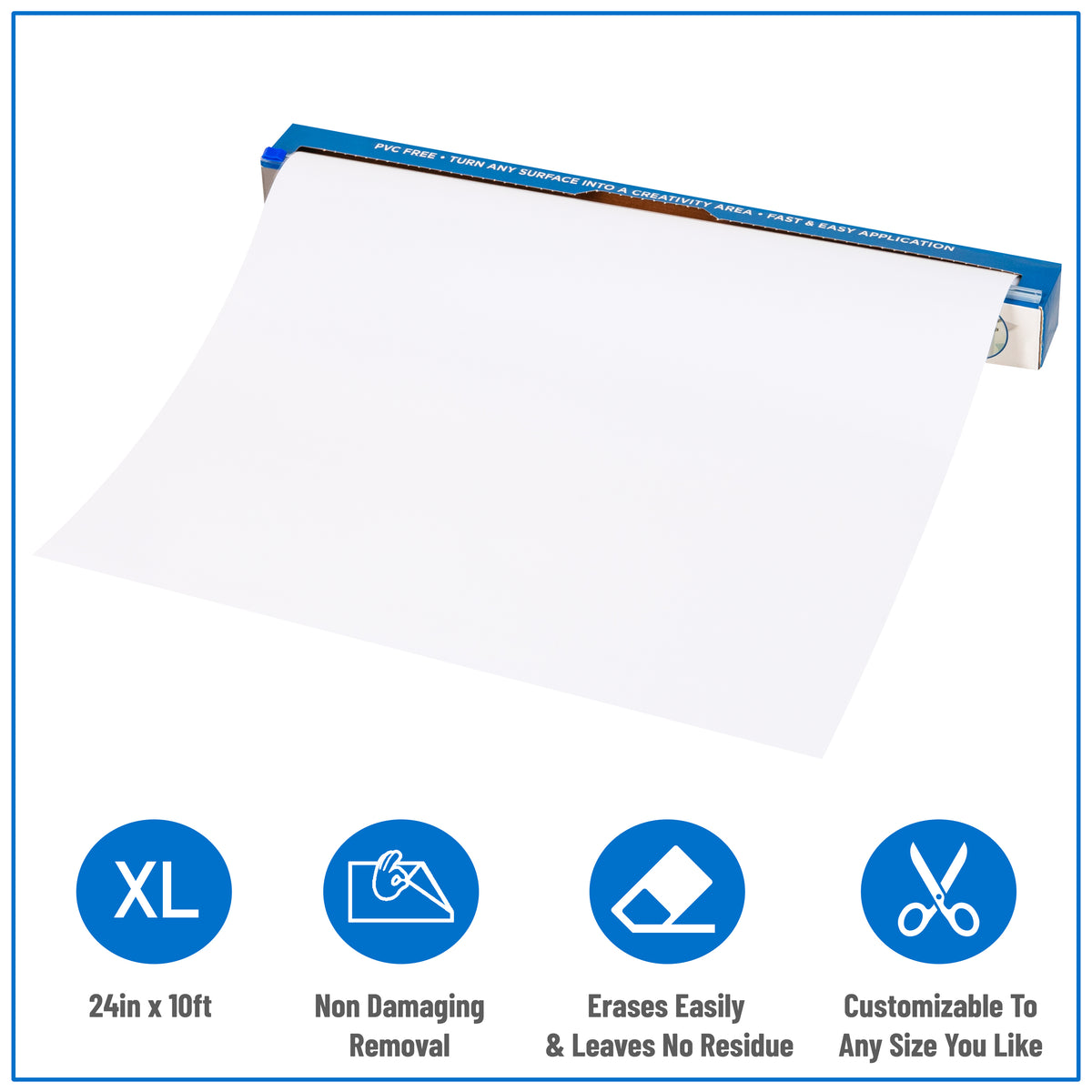 Mind Reader Adhesive Dry Erase Whiteboard Roll, 2 Dry Erase Markers, Planner, Office, 24 inches wide x 10 feet long, White