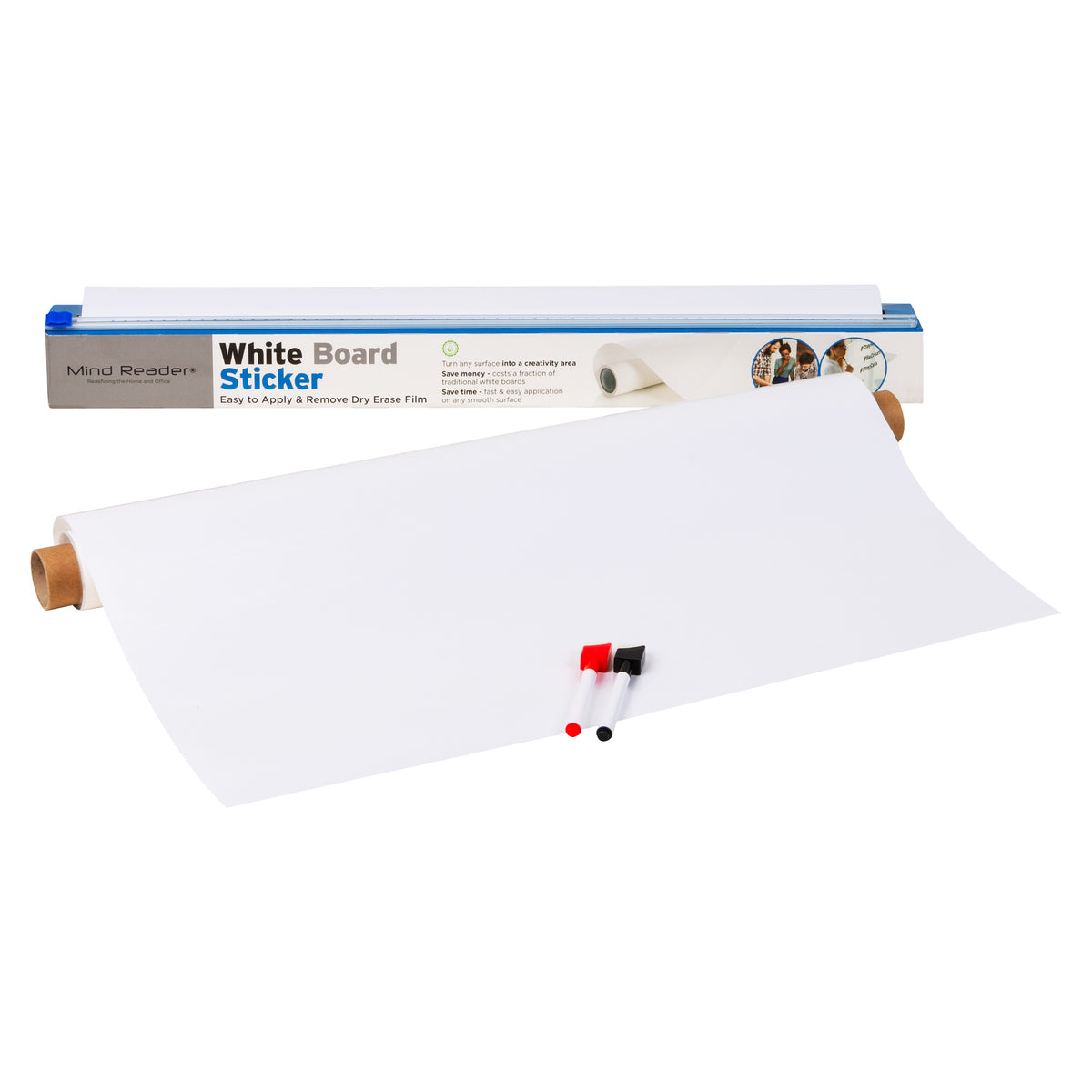 Mind Reader Adhesive Dry Erase Whiteboard Roll, 2 Dry Erase Markers, Planner, Office, 24 inches wide x 10 feet long, White
