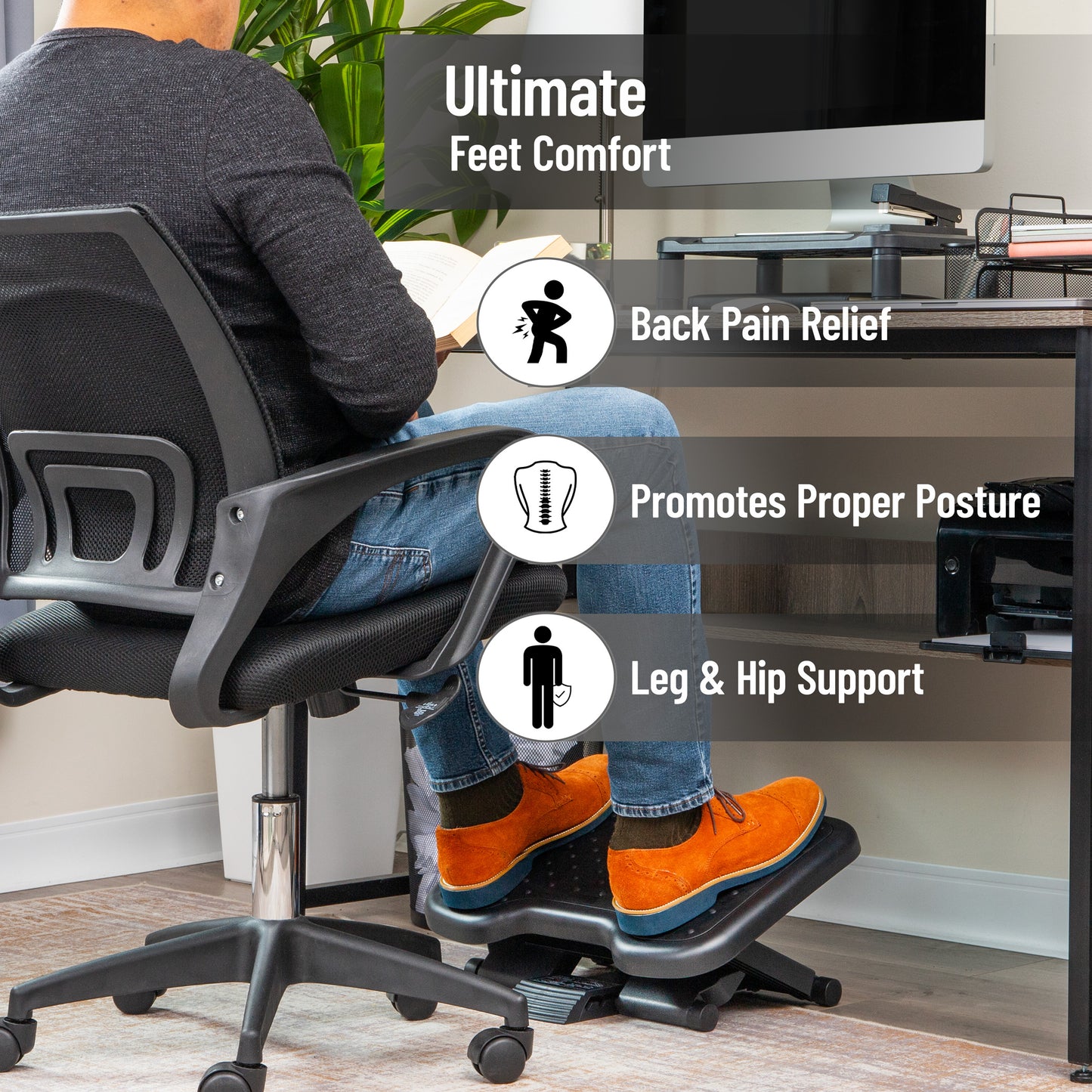 Mind Reader Adjustable Foot Rest with Elastomer Pad for Comfort and Support, Ergonomic Foot Platform, Height Adjustable, Black