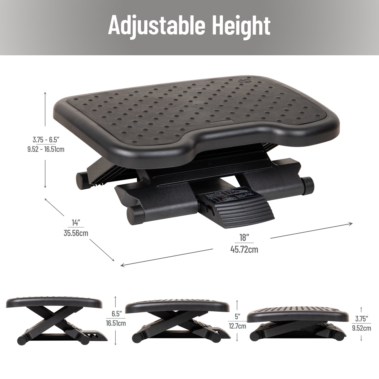 Mind Reader Adjustable Foot Rest with Elastomer Pad for Comfort and Support, Ergonomic Foot Platform, Height Adjustable, Black