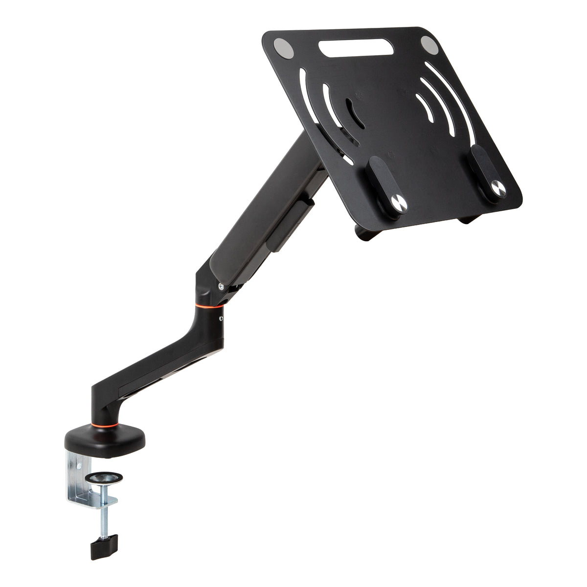Mind Reader Gas Spring Laptop Desk Mount, Fits 11.6–17.3" Laptops or Monitors, 180° Rotate, 13.2 lb Capacity, Single Arm with Integrated Cable Management, Adjustable Tilt/Swivel, Black