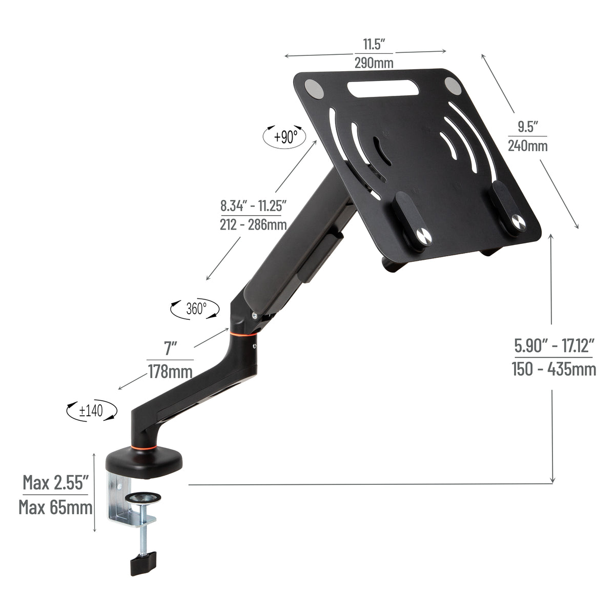 Mind Reader Gas Spring Laptop Desk Mount, Fits 11.6–17.3" Laptops or Monitors, 180° Rotate, 13.2 lb Capacity, Single Arm with Integrated Cable Management, Adjustable Tilt/Swivel, Black