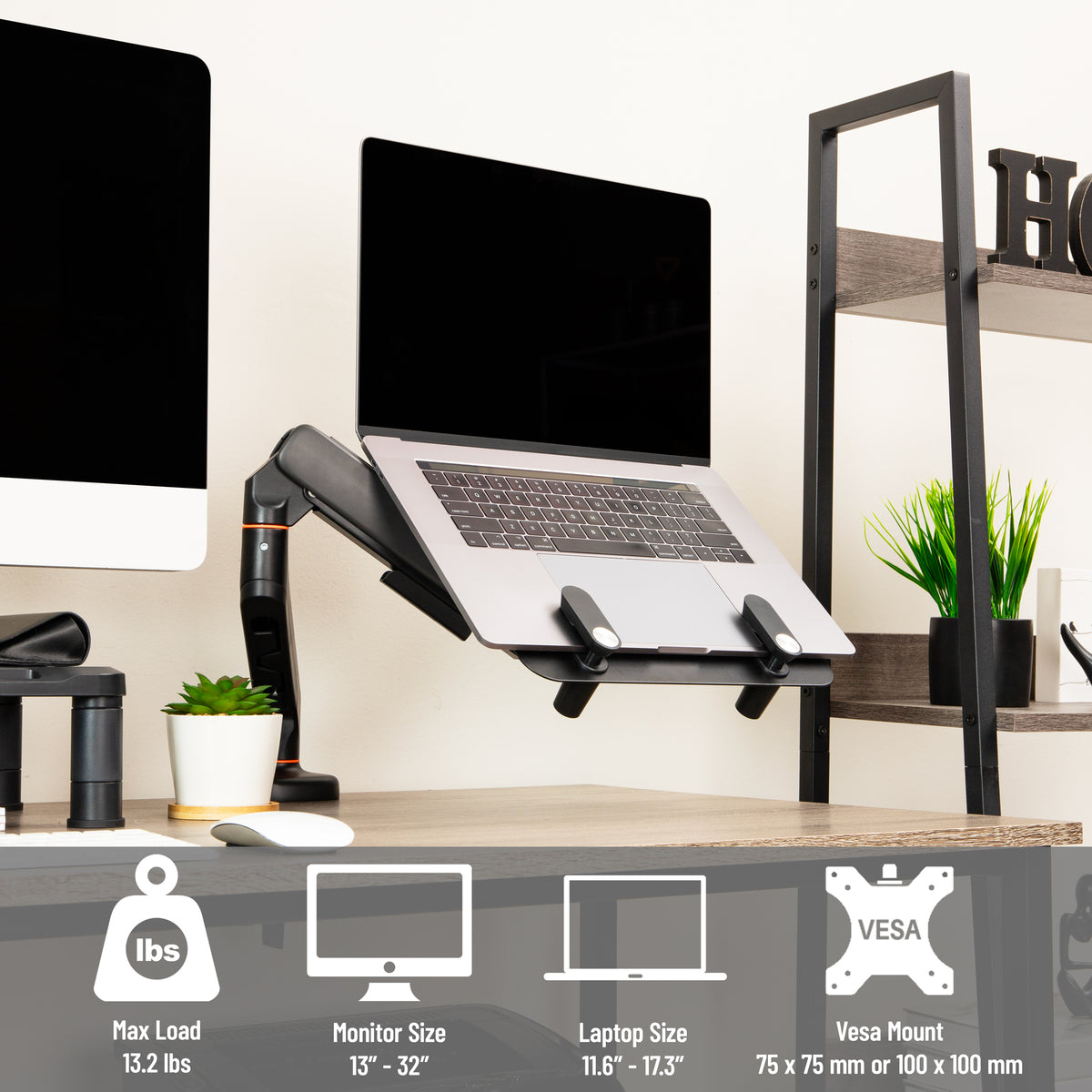 Mind Reader Gas Spring Laptop Desk Mount, Fits 11.6–17.3" Laptops or Monitors, 180° Rotate, 13.2 lb Capacity, Single Arm with Integrated Cable Management, Adjustable Tilt/Swivel, Black