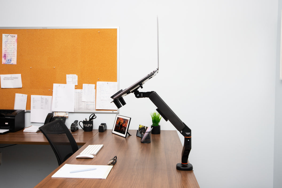 Mind Reader Gas Spring Laptop Desk Mount, Fits 11.6–17.3" Laptops or Monitors, 180° Rotate, 13.2 lb Capacity, Single Arm with Integrated Cable Management, Adjustable Tilt/Swivel, Black