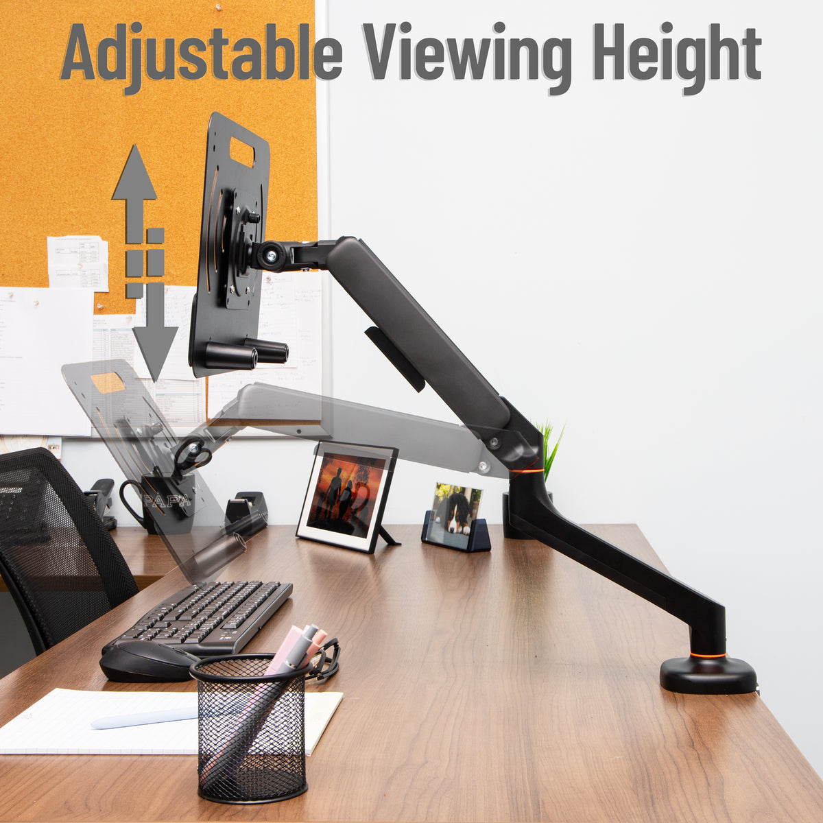 Mind Reader Gas Spring Laptop Desk Mount, Fits 11.6–17.3" Laptops or Monitors, 180° Rotate, 13.2 lb Capacity, Single Arm with Integrated Cable Management, Adjustable Tilt/Swivel, Black