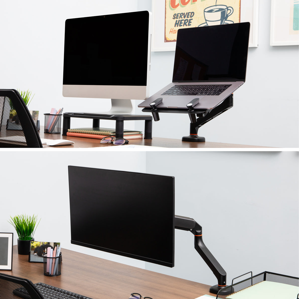 Mind Reader Gas Spring Laptop Desk Mount, Fits 11.6–17.3" Laptops or Monitors, 180° Rotate, 13.2 lb Capacity, Single Arm with Integrated Cable Management, Adjustable Tilt/Swivel, Black