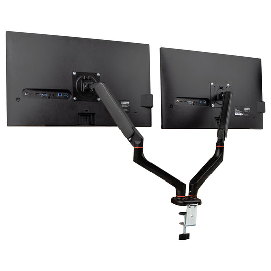 Mind Reader Dual Monitor Gas Spring Desk Mount, Counter-Balance Arm for 13"–32" Monitors, VESA 75x75 / 100x100, ±180° Rotation, ±65° Tilt, ±180° Swivel, 19.8 lb Capacity Each, Cable Management, Black