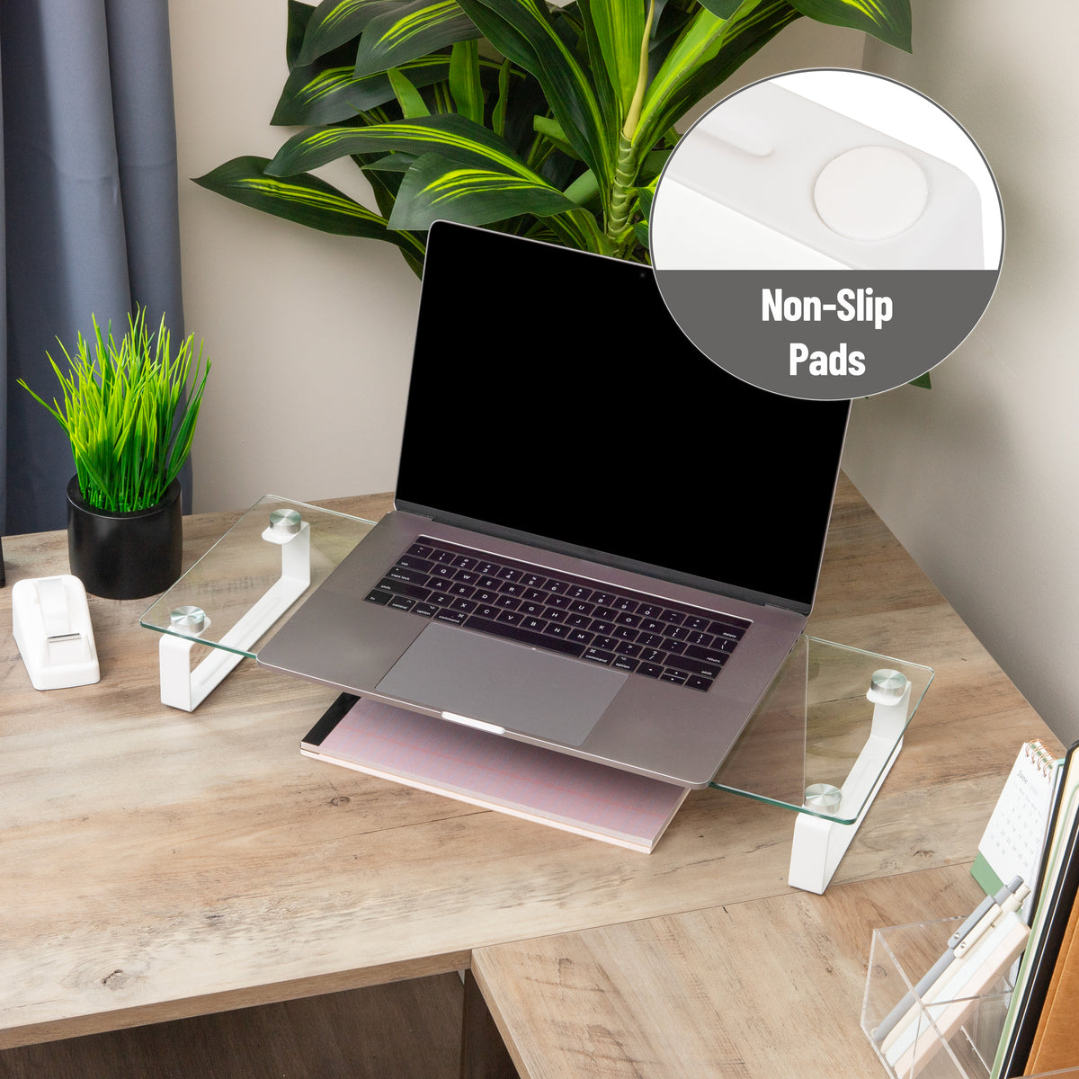 Mind Reader Monitor Stand, Contemporary, Desktop Organizer, Laptop Riser, Office, Glass, 22"L x 8.25"W x 3"H, Clear