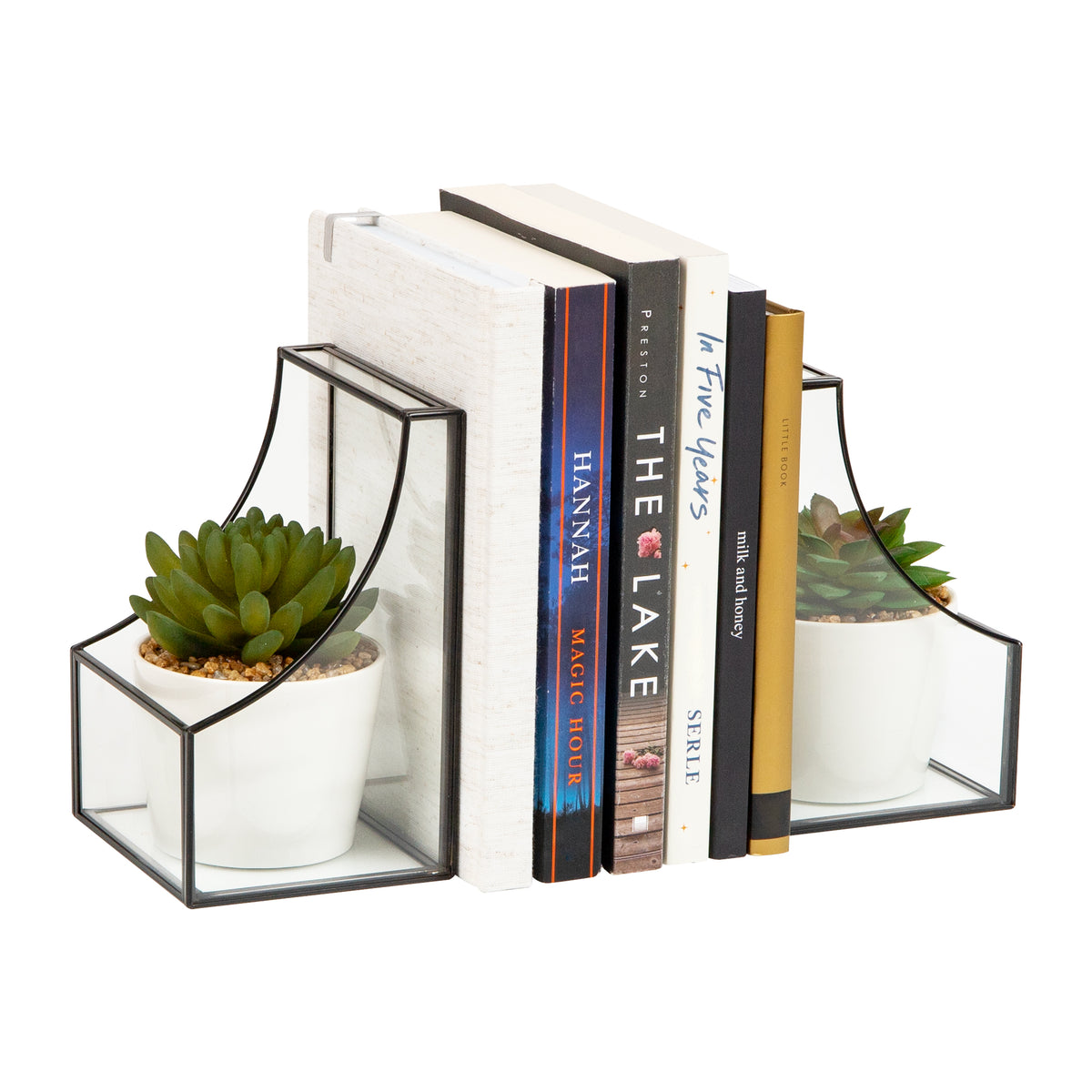 Mind Reader Terrarium Bookends, Decorative Book Holders with Storage, Modern Organizer for Desk or Shelf, Glass, Metal, Set of 2
