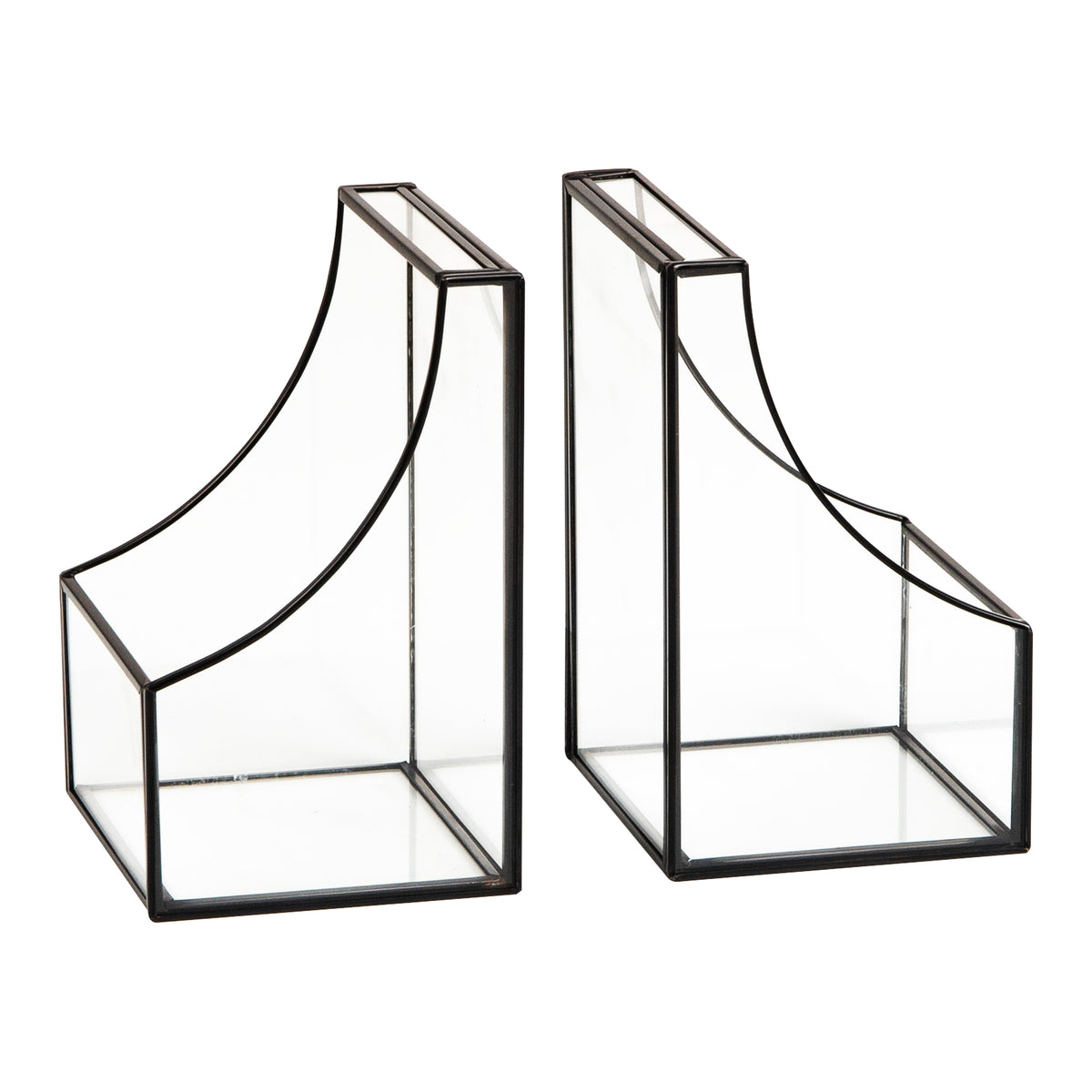 Mind Reader Terrarium Bookends, Decorative Book Holders with Storage, Modern Organizer for Desk or Shelf, Glass, Metal, Set of 2