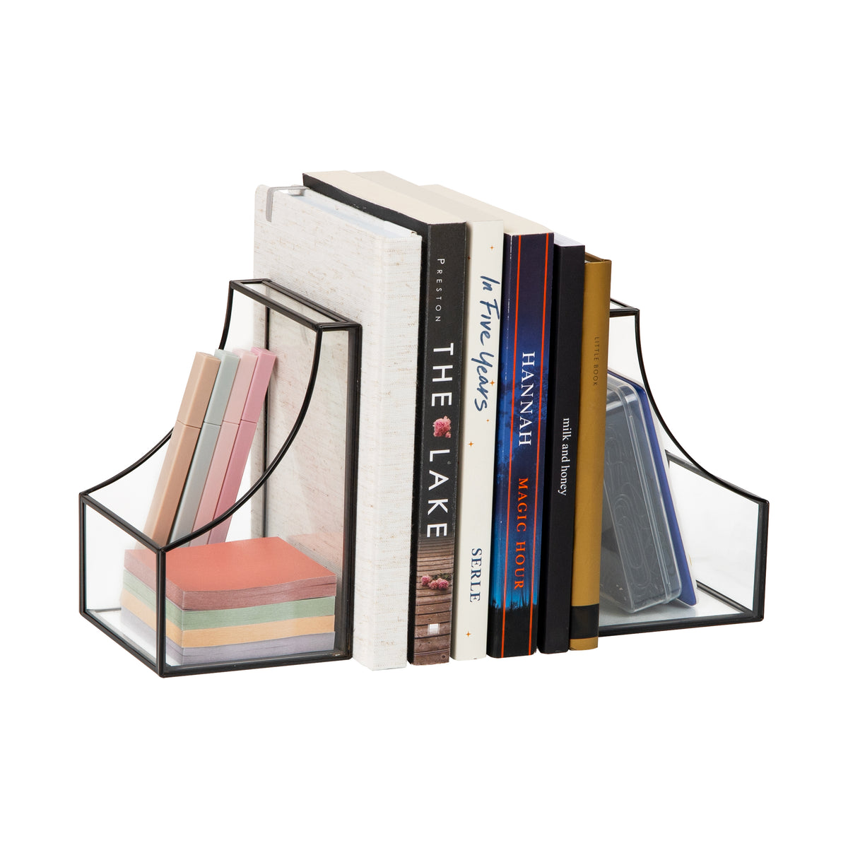 Mind Reader Terrarium Bookends, Decorative Book Holders with Storage, Modern Organizer for Desk or Shelf, Glass, Metal, Set of 2