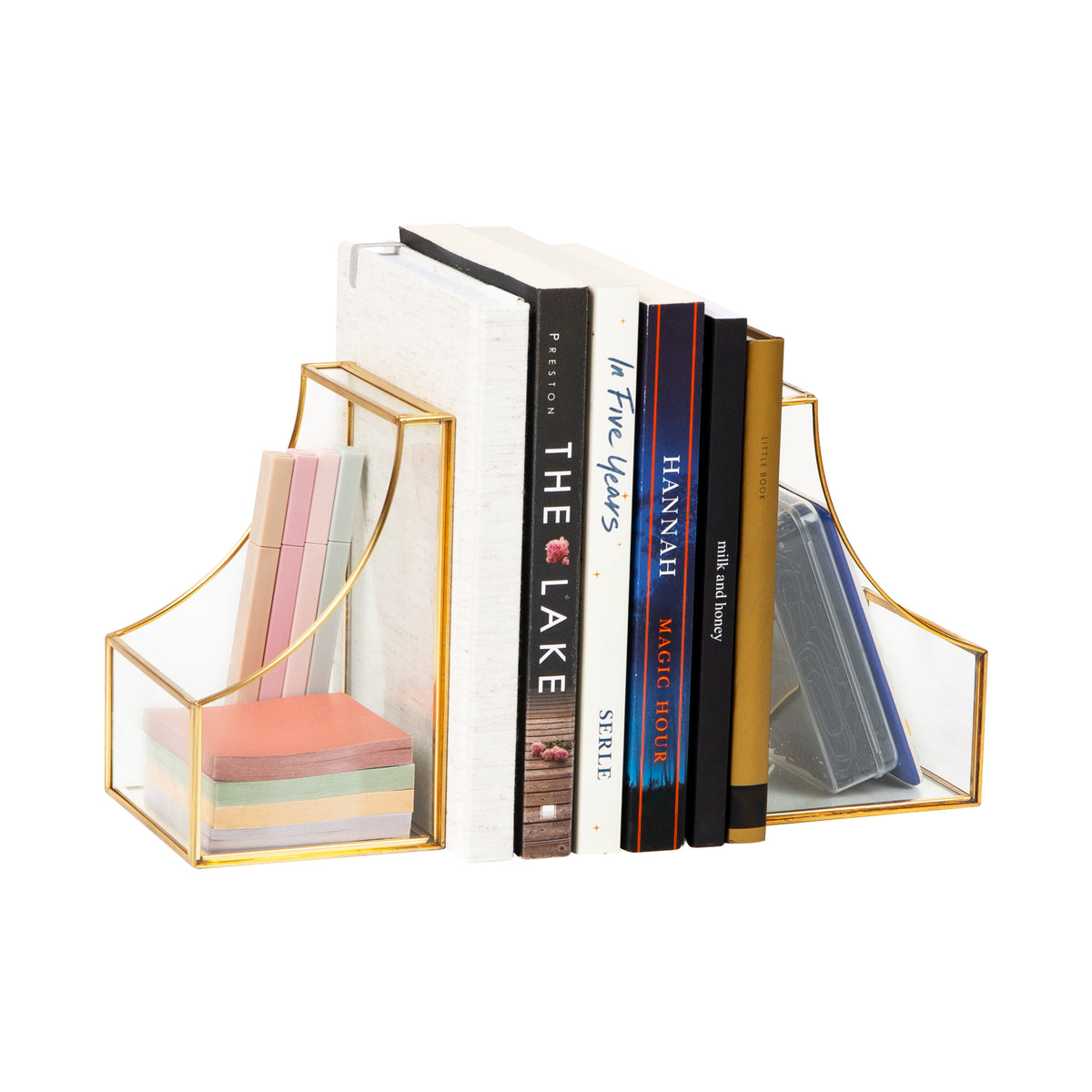 Mind Reader Terrarium Bookends, Decorative Book Holders with Storage, Modern Organizer for Desk or Shelf, Glass, Metal, Set of 2