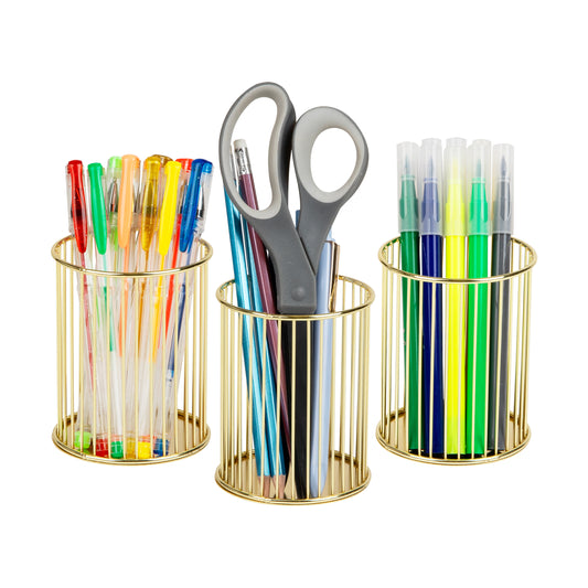 Mind Reader Pen and Accessories Holder, Desktop Organizer, Office, Metal , 3"L x 3"W x 4"H, Set of 3, Gold