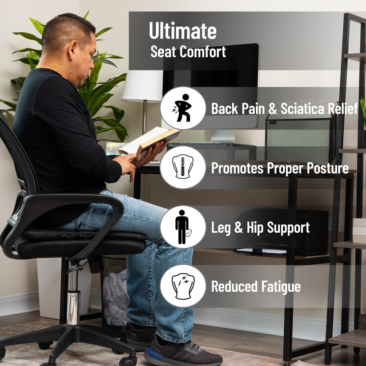 Mind Reader Seat Cushion with Gel Core, Ergonomic Pressure Relief for Tailbone, Hip, Coccyx & Sciatica Pain, Office, Car, Wheelchair, Black