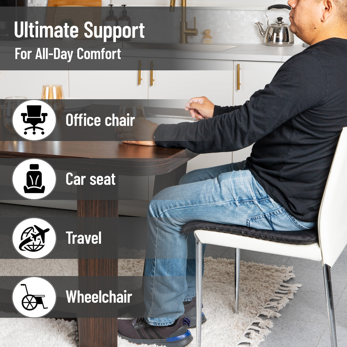 Mind Reader Seat Cushion with Gel Core, Ergonomic Pressure Relief for Tailbone, Hip, Coccyx & Sciatica Pain, Office, Car, Wheelchair, Black