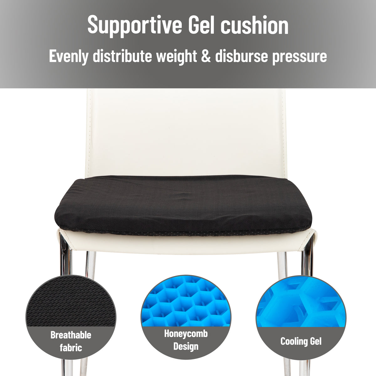 Mind Reader Seat Cushion with Gel Core, Ergonomic Pressure Relief for Tailbone, Hip, Coccyx & Sciatica Pain, Office, Car, Wheelchair, Black