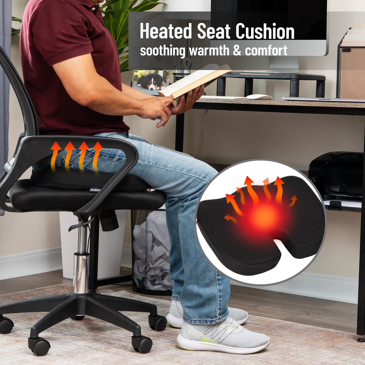 Mind Reader Heated Memory Foam Seat Cushion, Air-Cloud Technology, Coccyx & Hip Pain Relief with 4 Heat Settings, Timer & Auto Shut-Off, Black