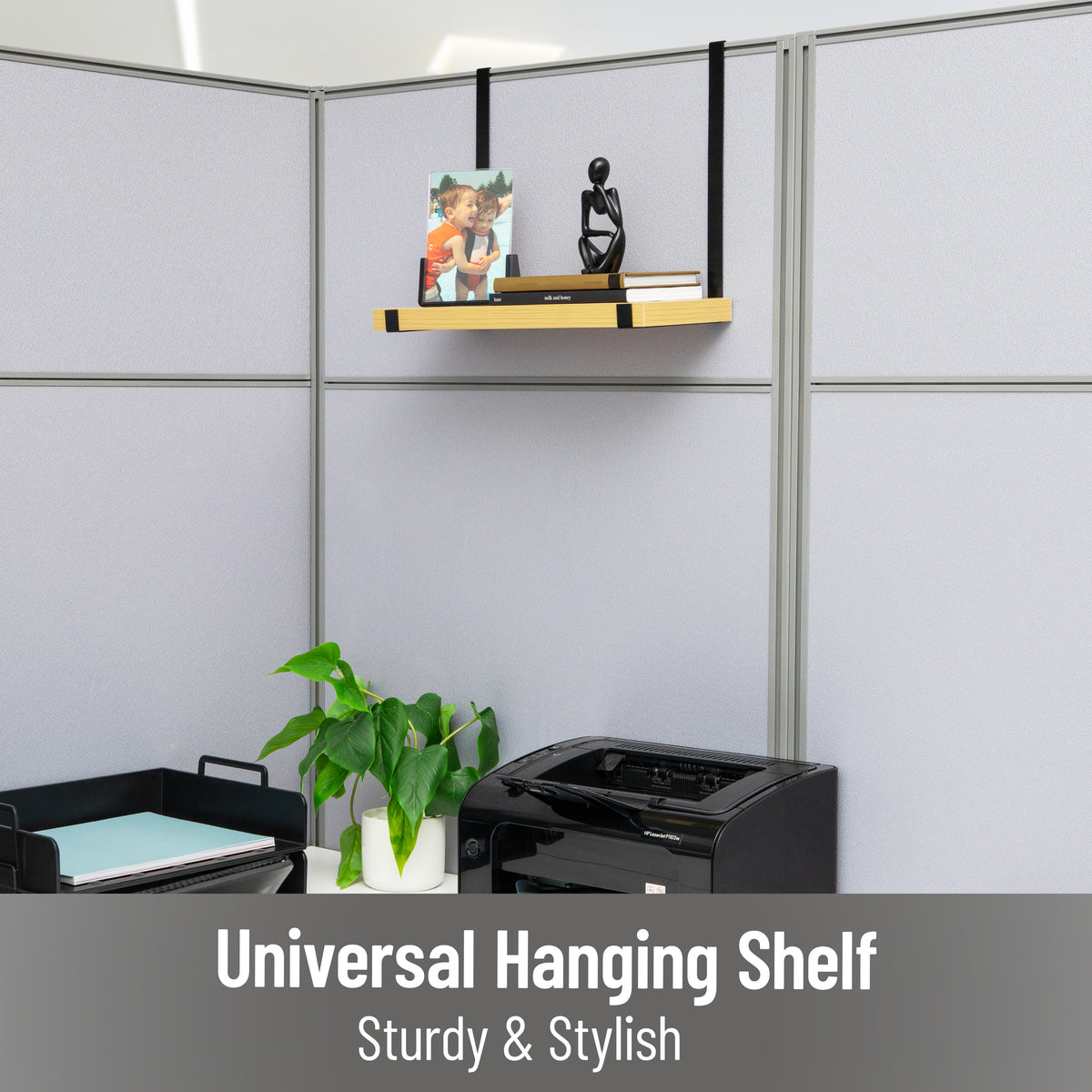 Mind Reader Hanging Cubicle Shelf Organizer, Cubicle Shelf for Office Supplies, Plants, and Decor, Easy to Install, MDF and Metal, 15.75"L x 5.75"W x 11.75"H, Brown