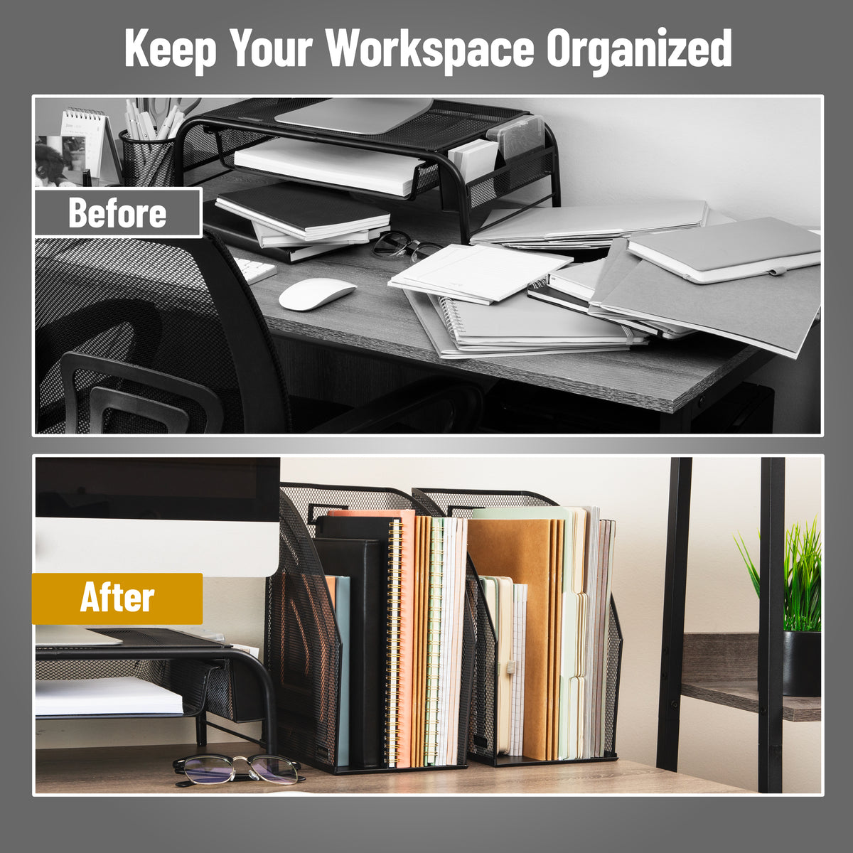 Mind Reader Vertical File Storage, Desktop Organizer, Workspace, Office, Metal Mesh, 6.25"L x 10"W x 12.5"H, Set of 2, Black