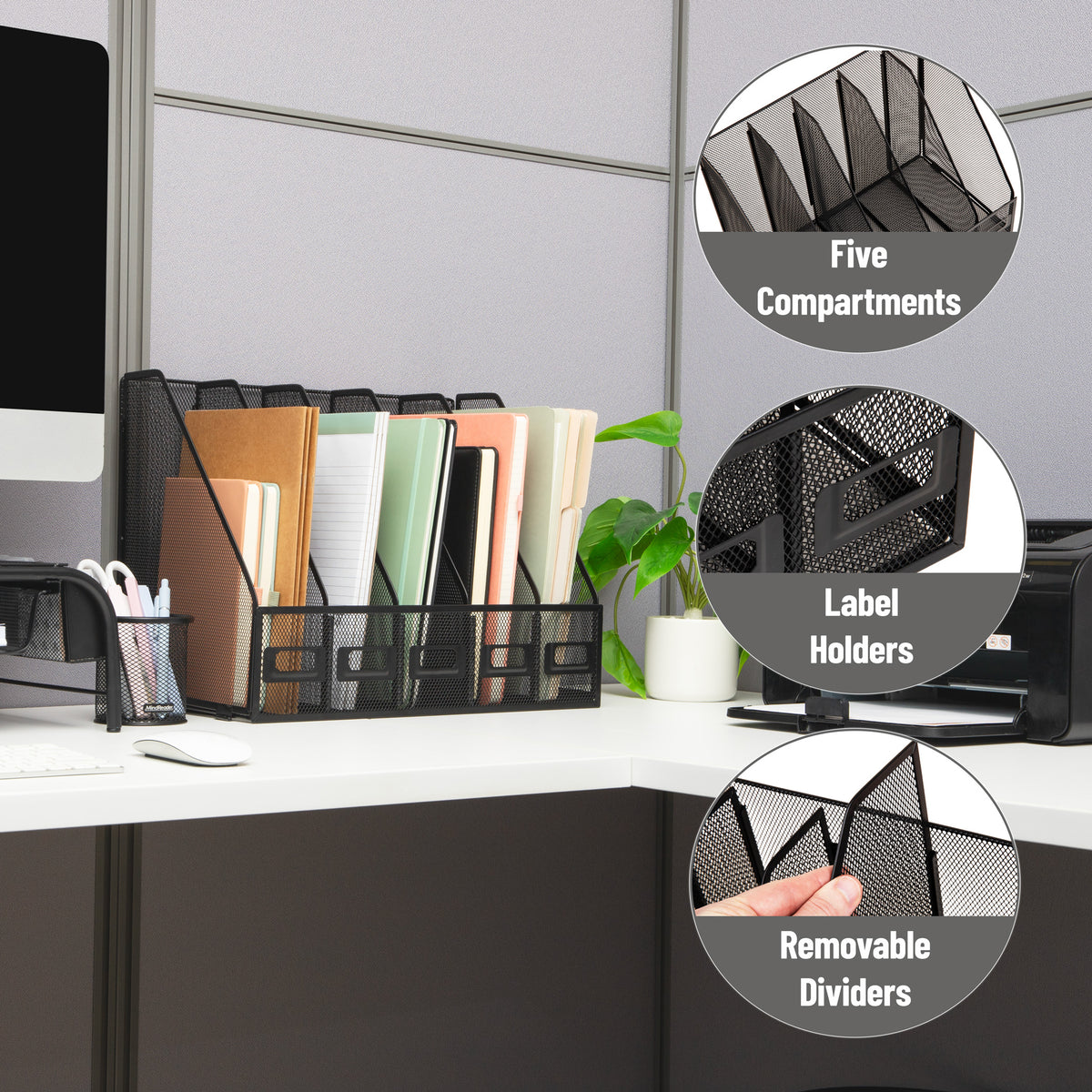Mind Reader 5-Compartment Vertical File Organizer, Desktop Paper Sorter, Office, Metal Mesh, Black