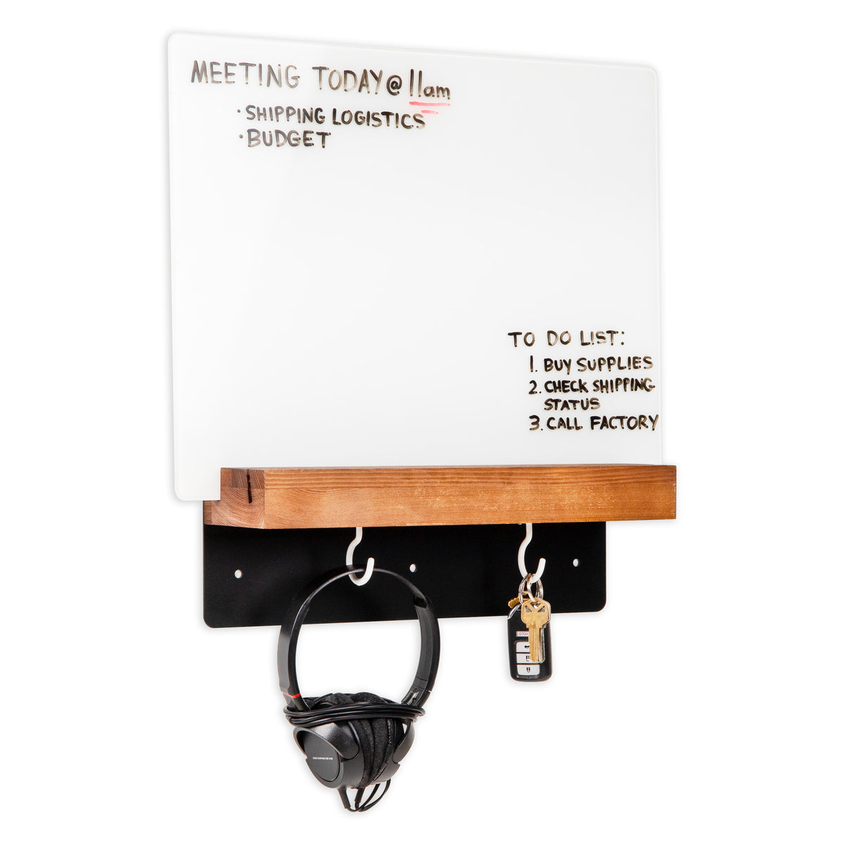 Mind Reader Whiteboard Message Center, Glass Dry Erase Board with Wood Holder and Hooks, Removable Whiteboard for Office or Home, Wall Mounted, 18" x 14"