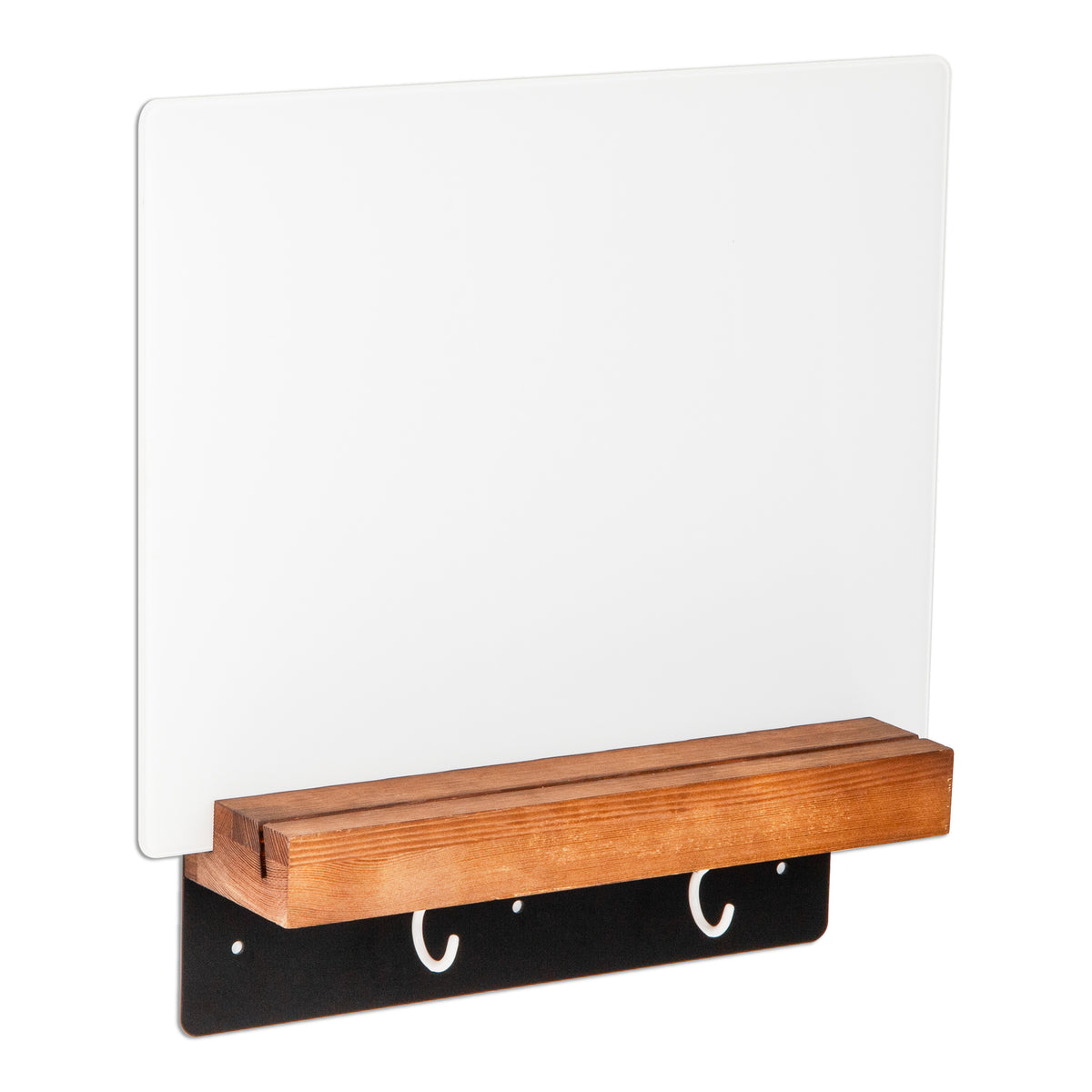 Mind Reader Whiteboard Message Center, Glass Dry Erase Board with Wood Holder and Hooks, Removable Whiteboard for Office or Home, Wall Mounted, 18" x 14"
