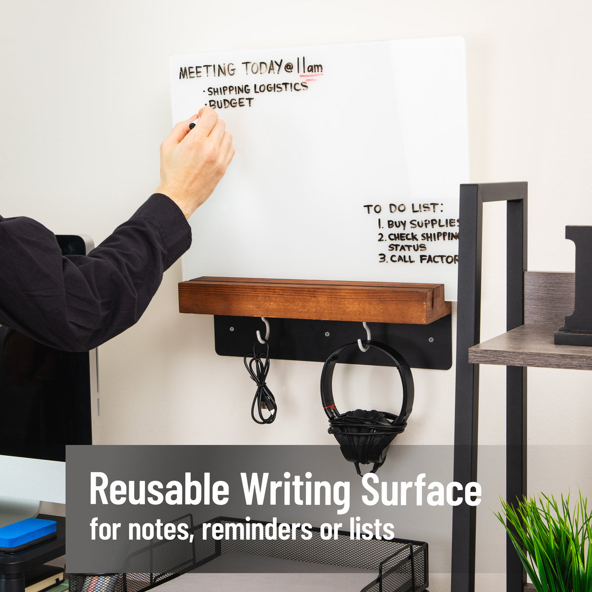 Mind Reader Whiteboard Message Center, Glass Dry Erase Board with Wood Holder and Hooks, Removable Whiteboard for Office or Home, Wall Mounted, 18" x 14"