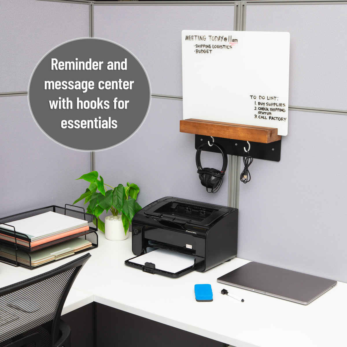 Mind Reader Whiteboard Message Center, Glass Dry Erase Board with Wood Holder and Hooks, Removable Whiteboard for Office or Home, Wall Mounted, 18" x 14"