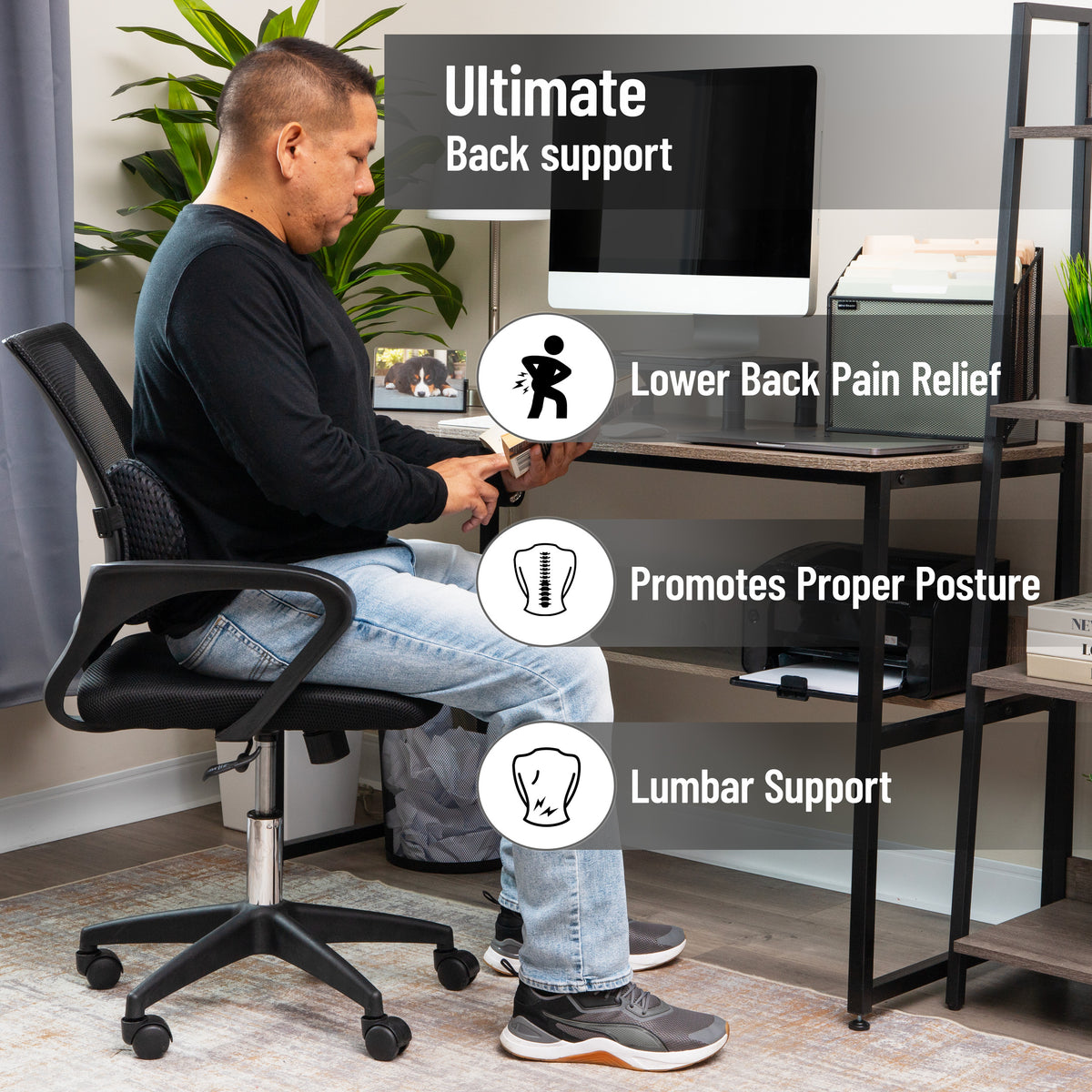 Mind Reader Lumbar Support Pillow with Air-Cloud Technology, Memory Foam Cushion for Back, Waist & Hip Pain Relief, Breathable Cover, Black
