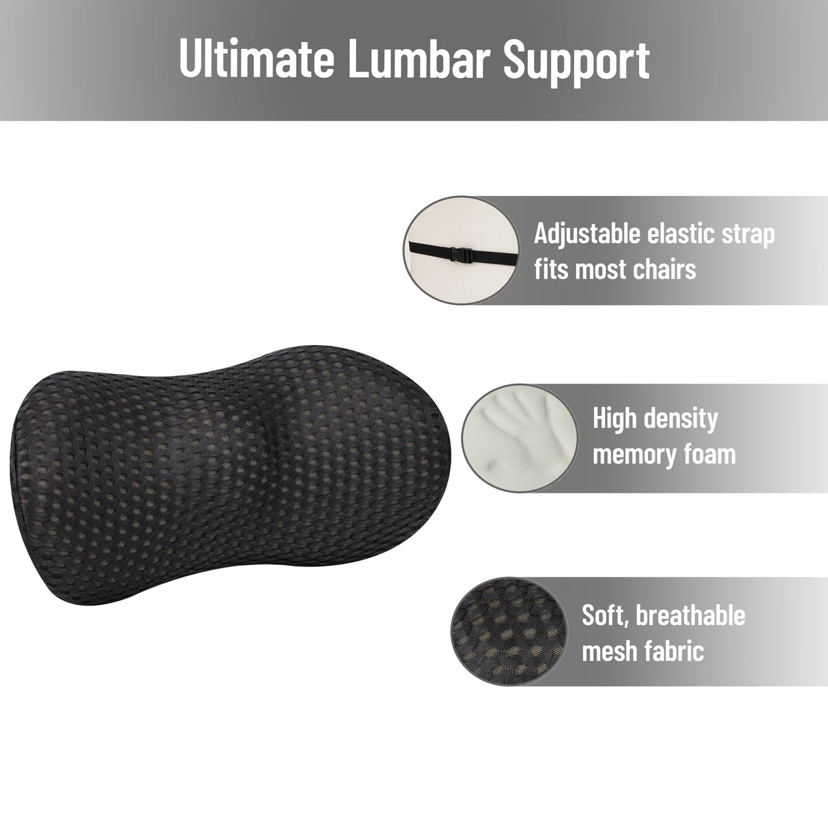 Mind Reader Lumbar Support Pillow with Air-Cloud Technology, Memory Foam Cushion for Back, Waist & Hip Pain Relief, Breathable Cover, Black