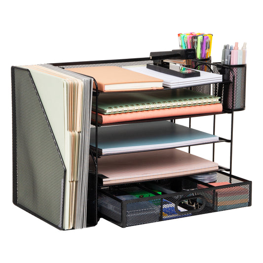 Mind Reader Mesh Desk Organizer, 4 Trays, 1 Drawer, File Holder, 2 Pen Cups, Office Desktop Organizer, Metal Mesh, Black