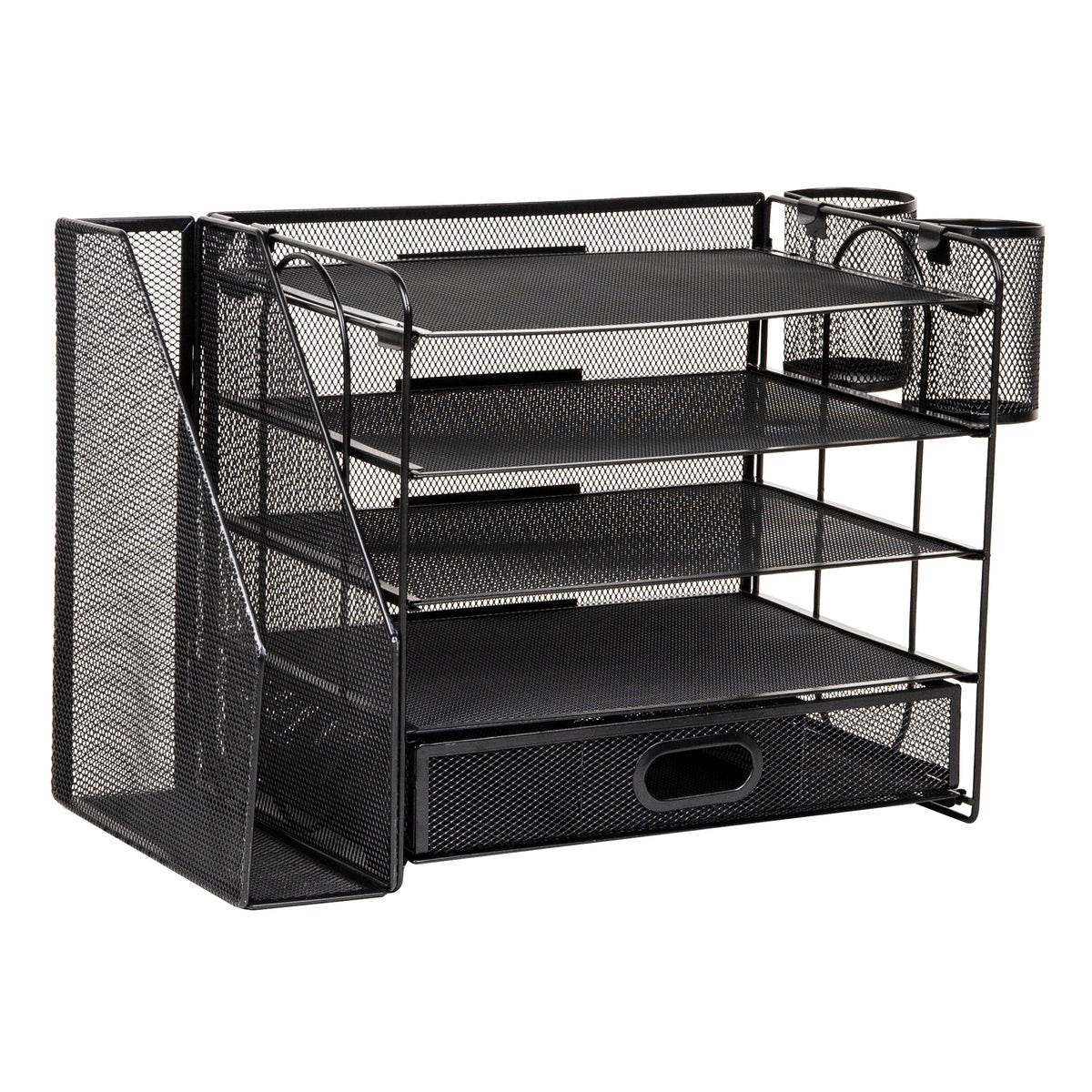 Mind Reader Mesh Desk Organizer, 4 Trays, 1 Drawer, File Holder, 2 Pen Cups, Office Desktop Organizer, Metal Mesh, Black