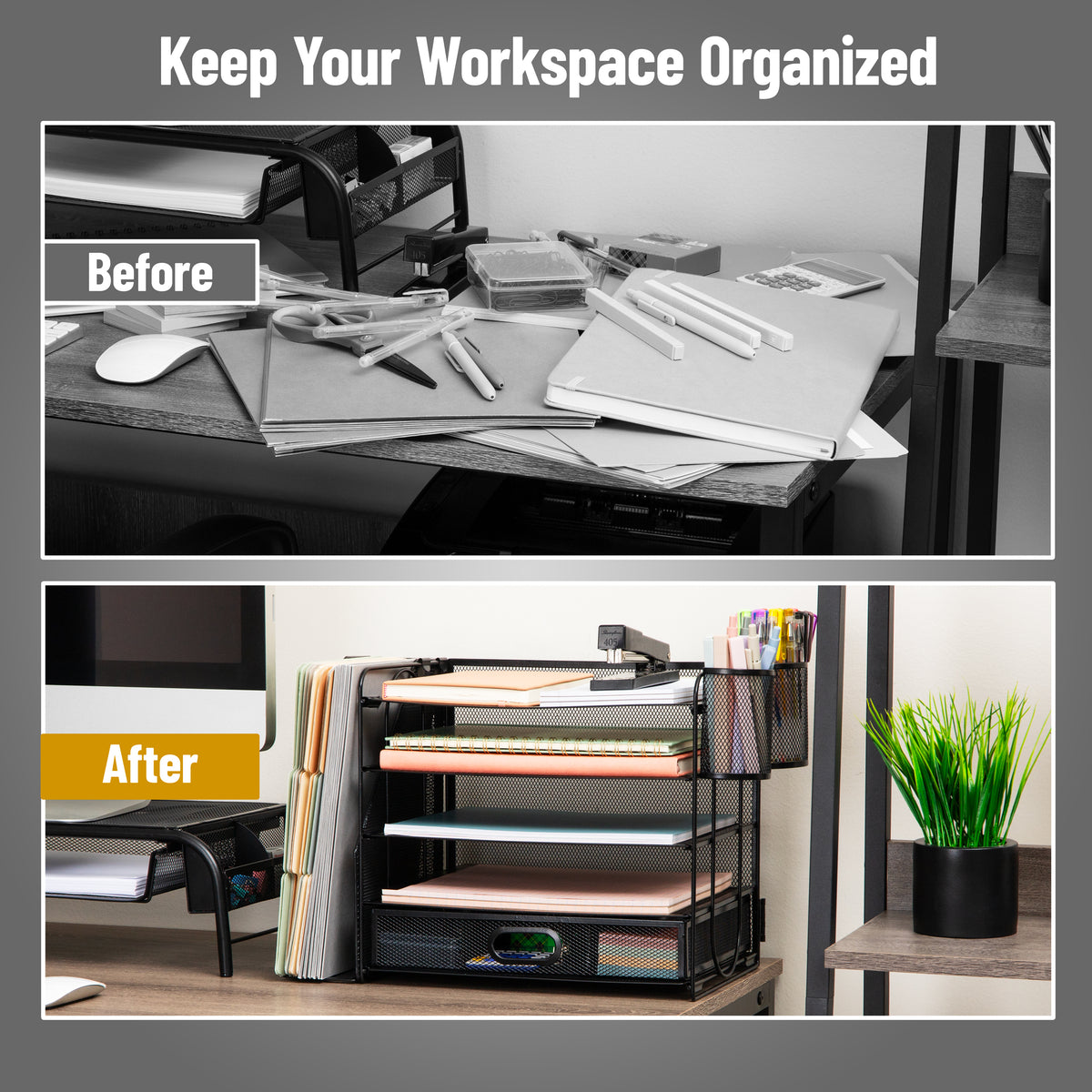 Mind Reader Mesh Desk Organizer, 4 Trays, 1 Drawer, File Holder, 2 Pen Cups, Office Desktop Organizer, Metal Mesh, Black