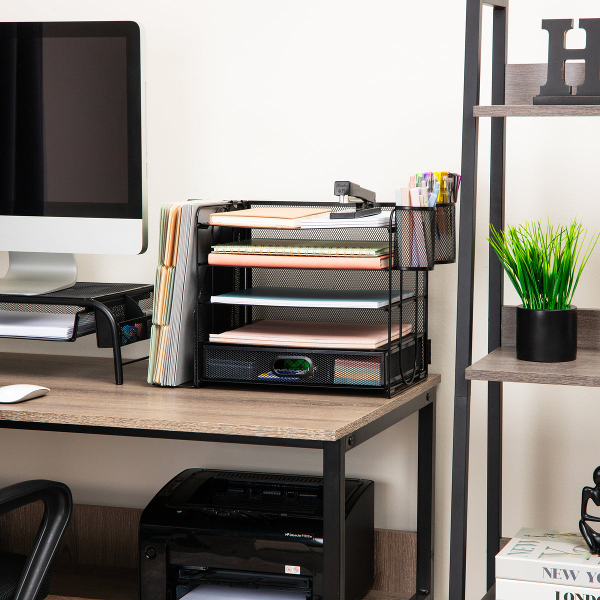 Mind Reader Mesh Desk Organizer, 4 Trays, 1 Drawer, File Holder, 2 Pen Cups, Office Desktop Organizer, Metal Mesh, Black
