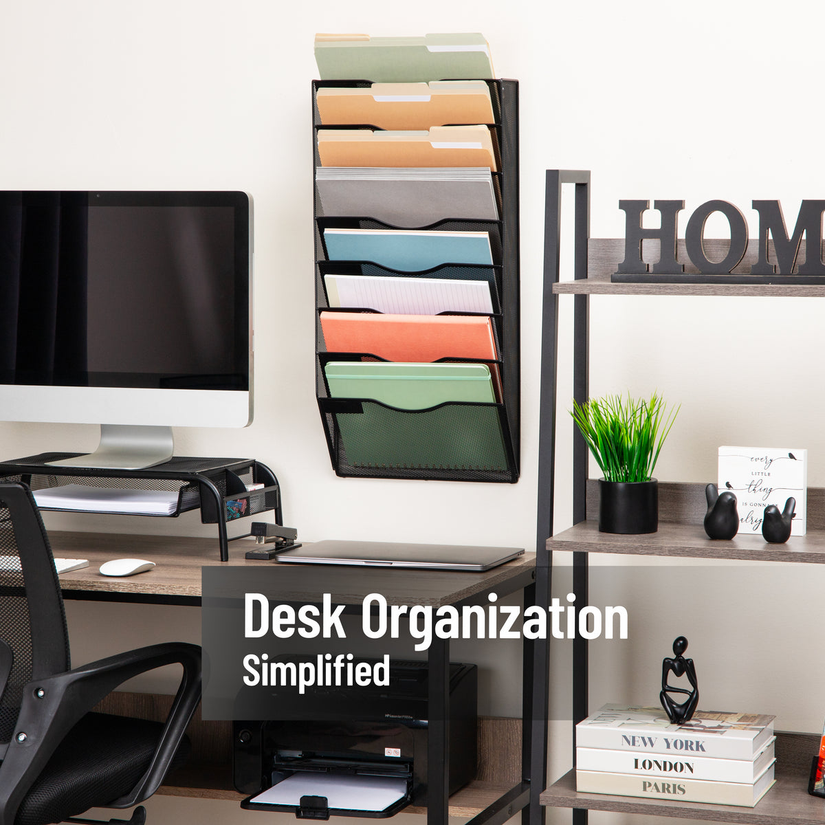 Mind Reader Wall File Organizer, 8 Pocket Hanging Document Rack, Office Wall Mount, Metal Mesh, Black