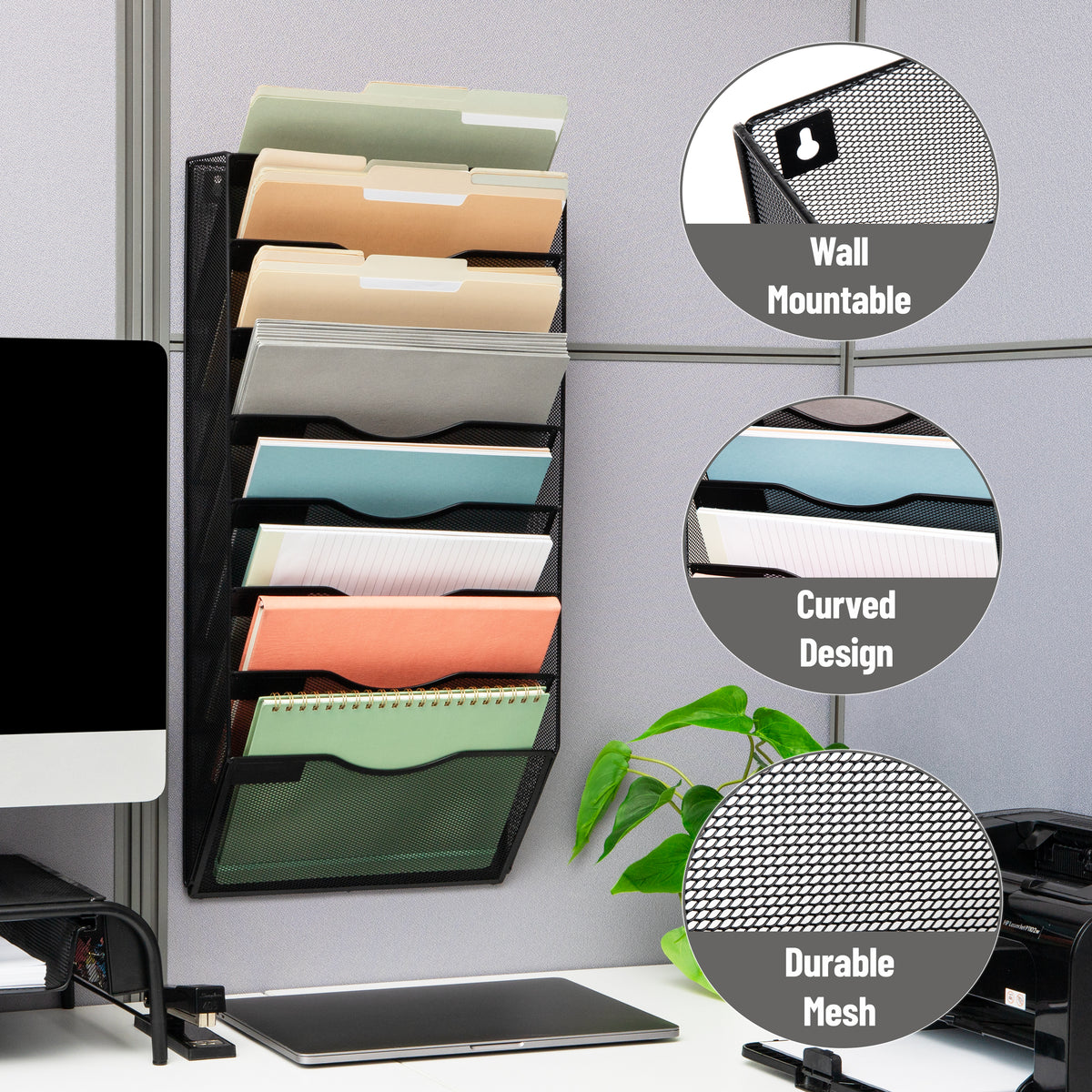 Mind Reader Wall File Organizer, 8 Pocket Hanging Document Rack, Office Wall Mount, Metal Mesh, Black