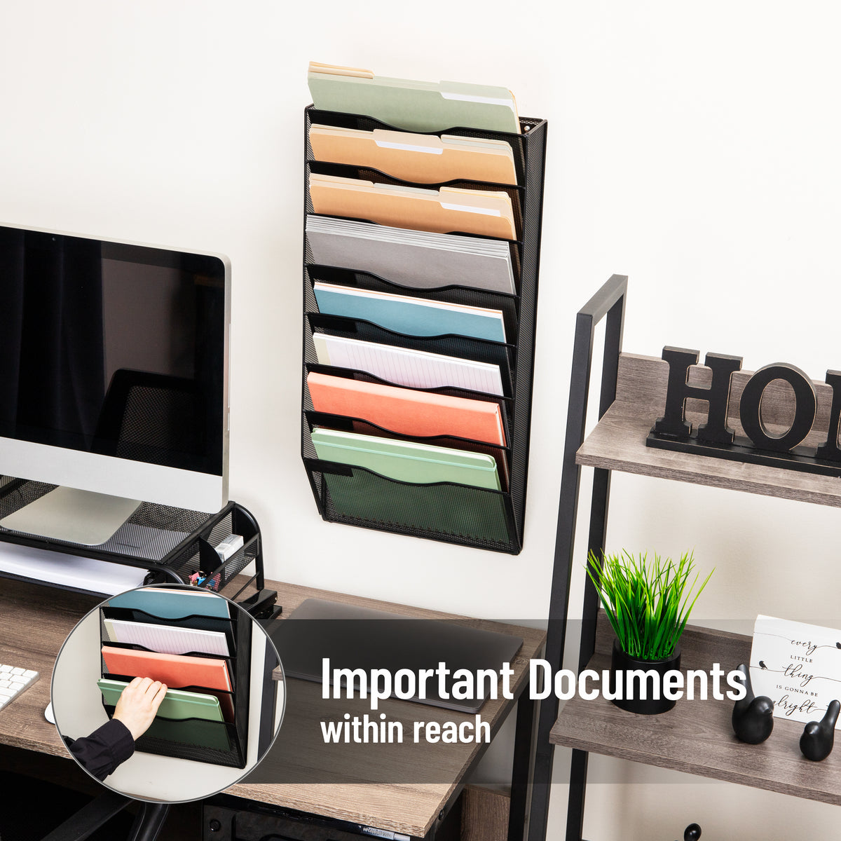 Mind Reader Wall File Organizer, 8 Pocket Hanging Document Rack, Office Wall Mount, Metal Mesh, Black