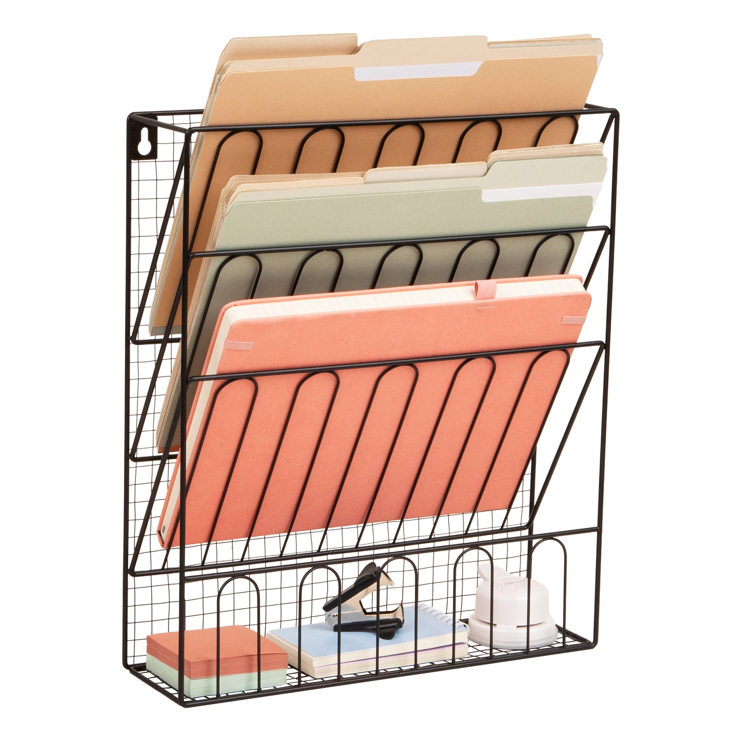 Mind Reader Metal Wire File Organizer, 3-Tier Vertical Document Holder with Storage Basket, Wall Mount or Desktop Organizer, Metal, Black