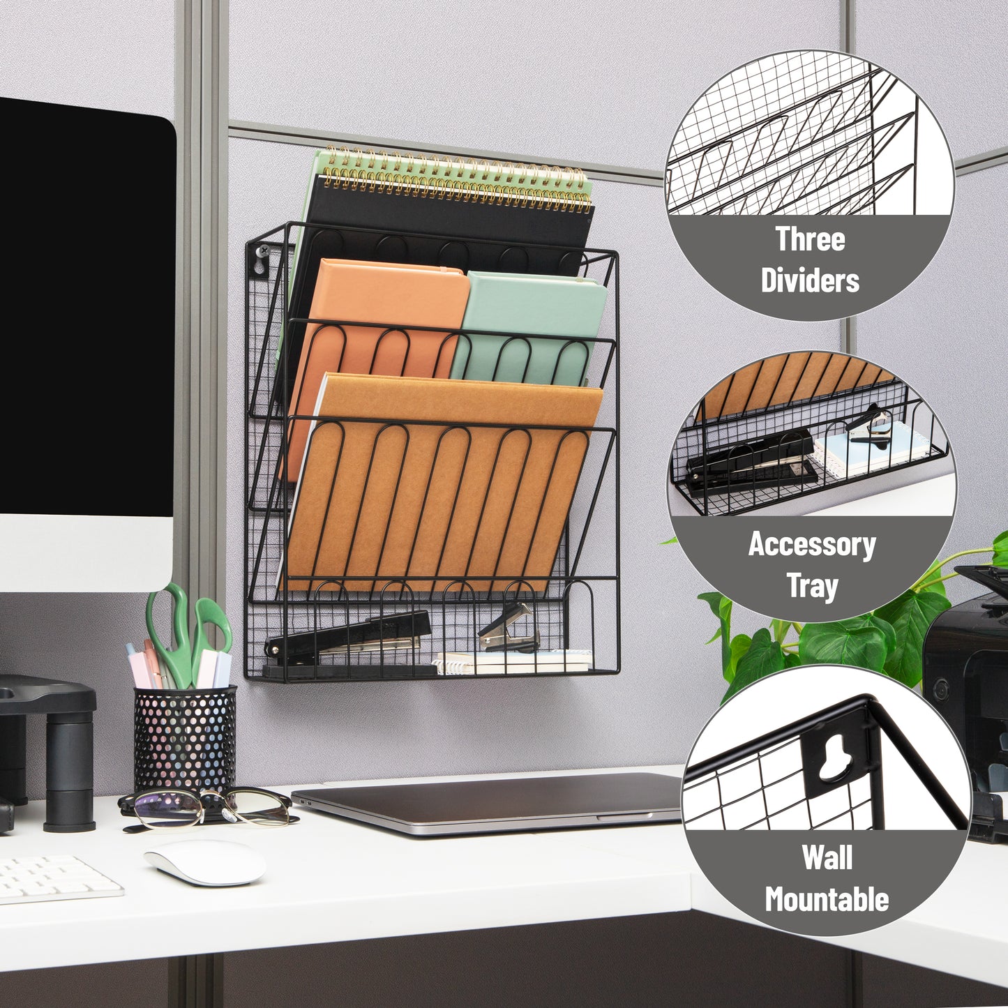 Mind Reader Metal Wire File Organizer, 3-Tier Vertical Document Holder with Storage Basket, Wall Mount or Desktop Organizer, Metal, Black