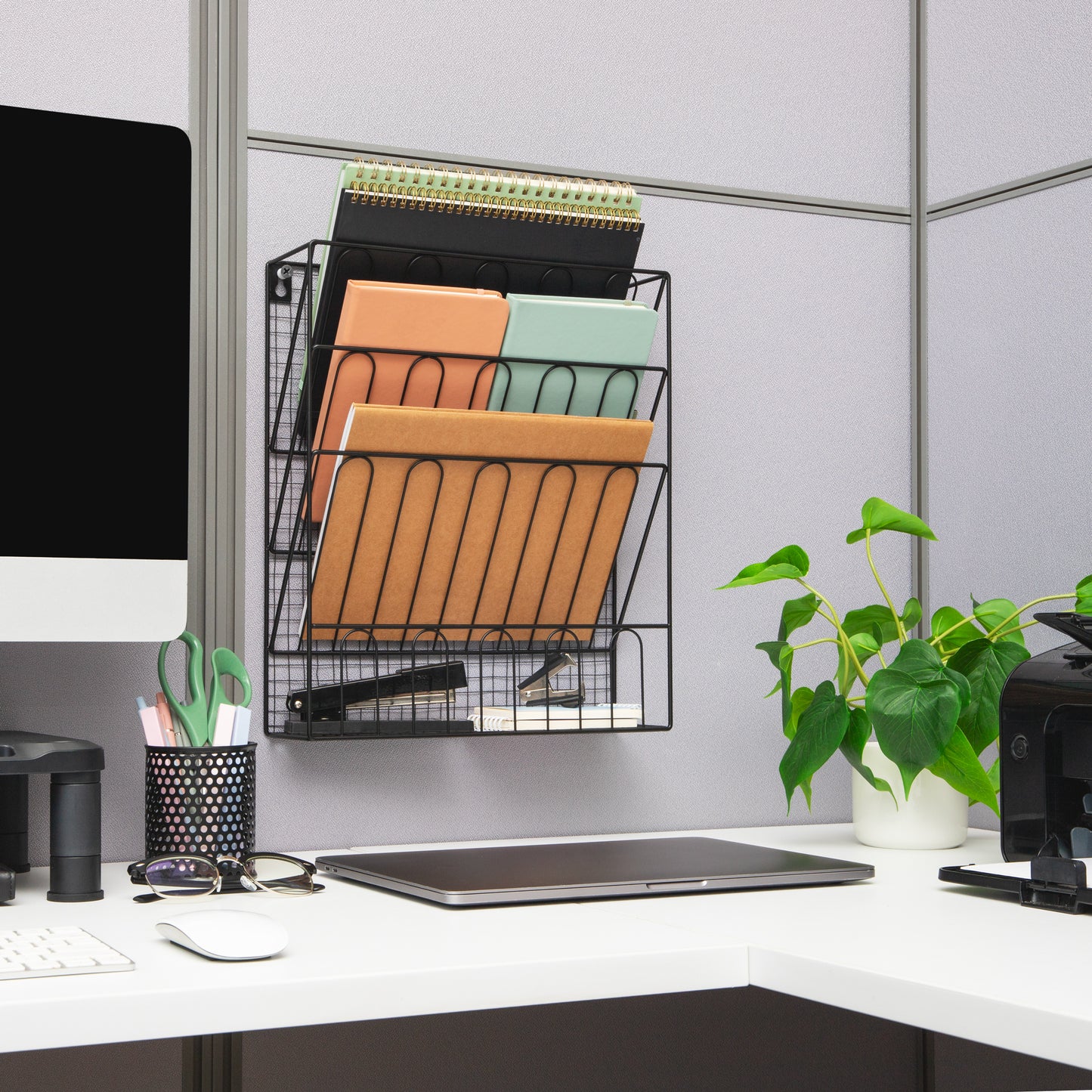 Mind Reader Metal Wire File Organizer, 3-Tier Vertical Document Holder with Storage Basket, Wall Mount or Desktop Organizer, Metal, Black