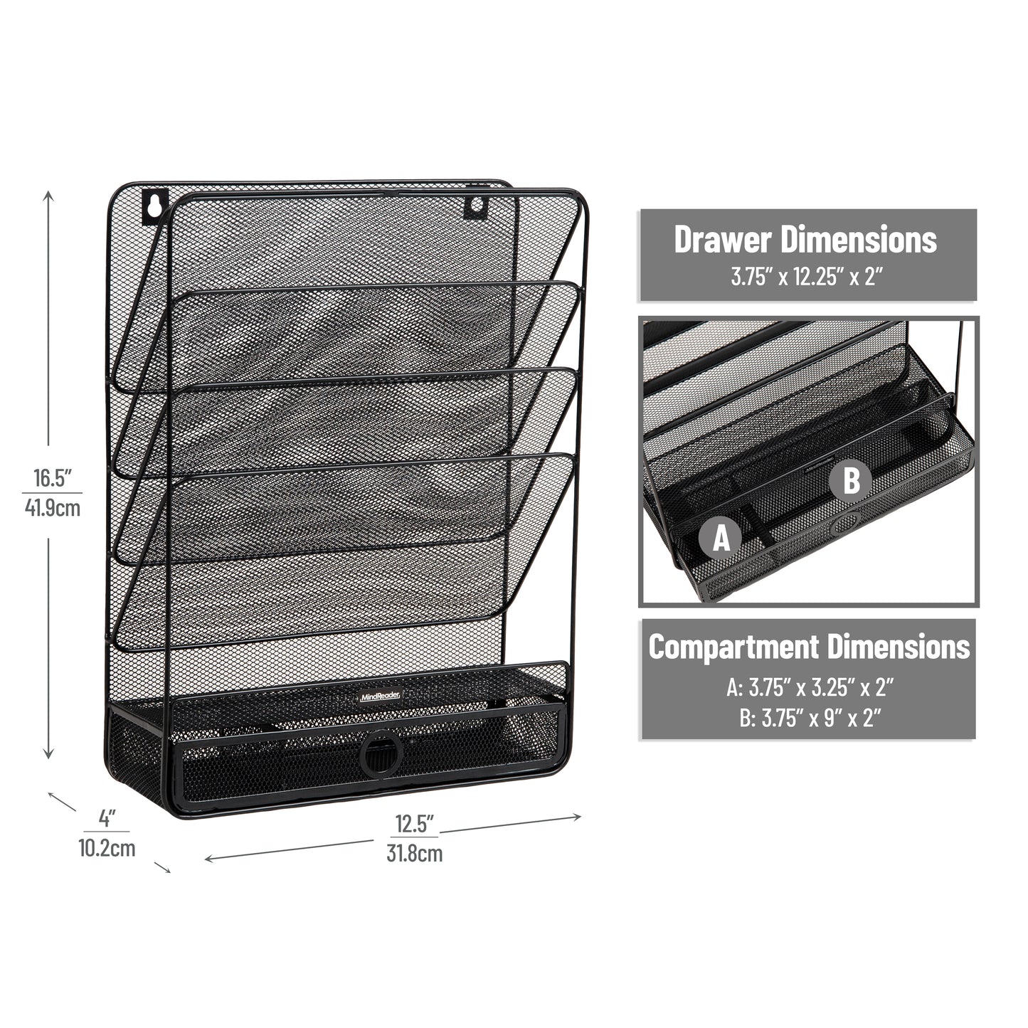 Mind Reader 4-Tier Vertical File Storage, Desktop Organizer, Wall Mount, Office, Metal Mesh, 12.5"L x 4"W x 16.5"H, Black