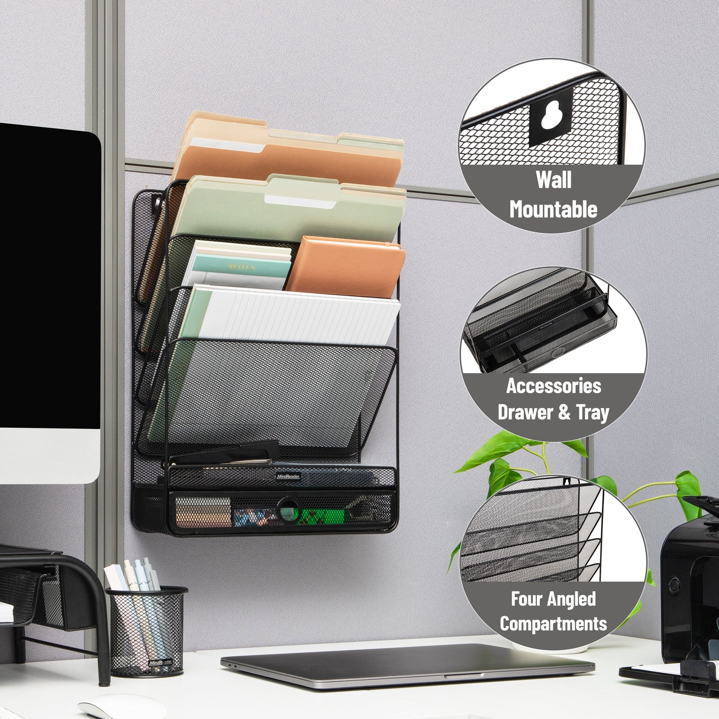 Mind Reader 4-Tier Vertical File Storage, Desktop Organizer, Wall Mount, Office, Metal Mesh, 12.5"L x 4"W x 16.5"H, Black