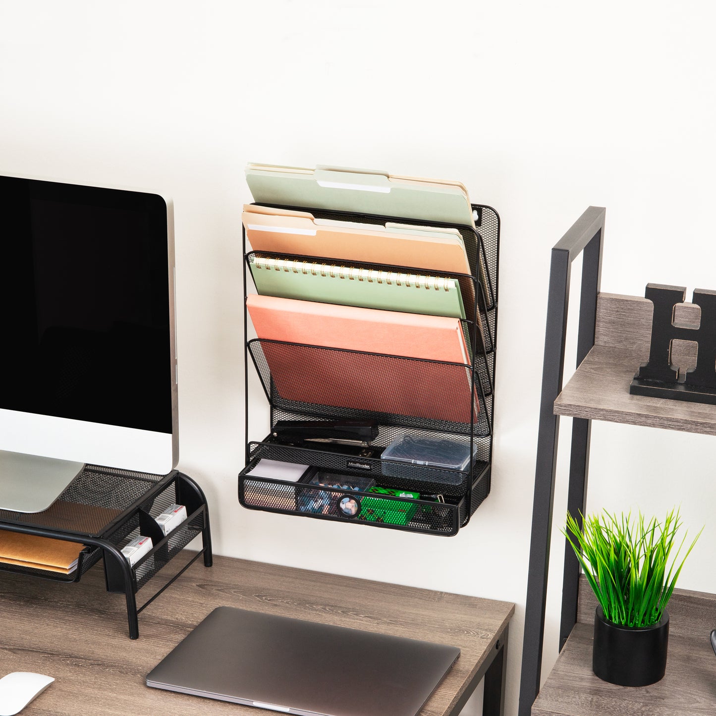 Mind Reader 4-Tier Vertical File Storage, Desktop Organizer, Wall Mount, Office, Metal Mesh, 12.5"L x 4"W x 16.5"H, Black