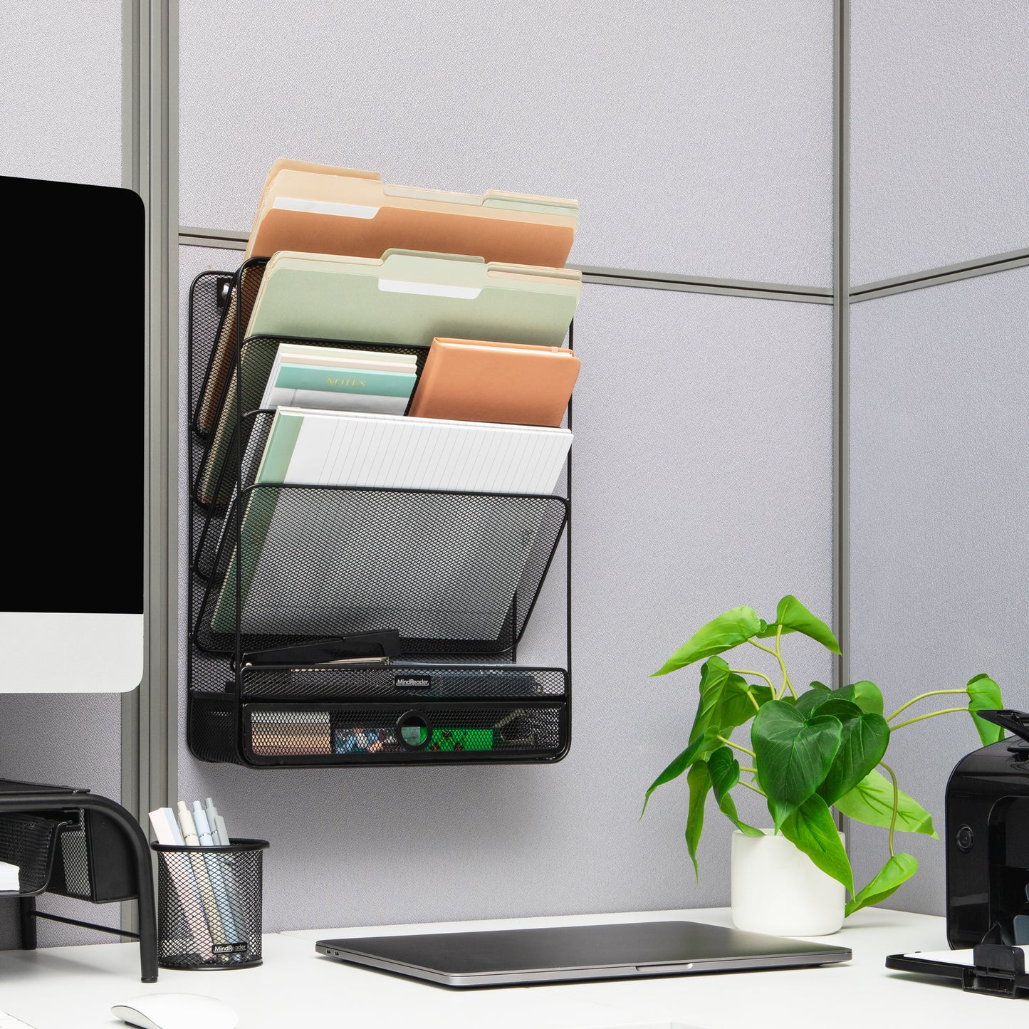 Mind Reader 4-Tier Vertical File Storage, Desktop Organizer, Wall Mount, Office, Metal Mesh, 12.5"L x 4"W x 16.5"H, Black